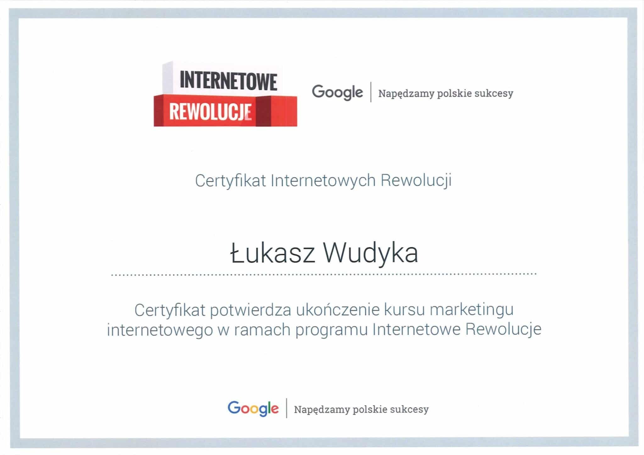 Łukasz Wudyka certyfikat Internetowe Rewolucje
