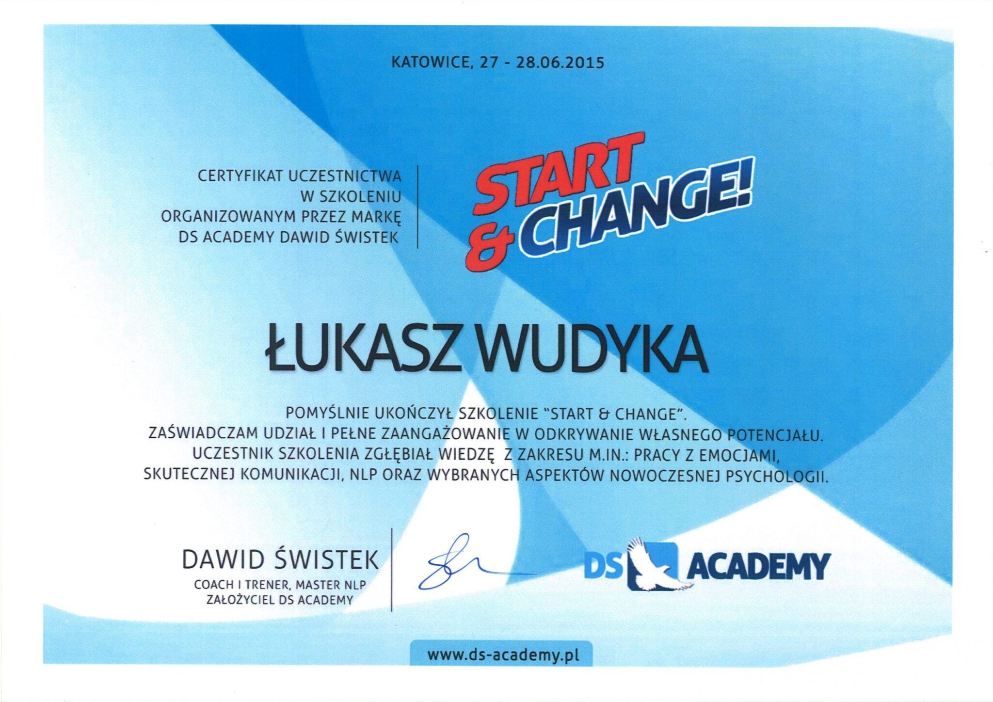 Łukasz Wudyka certyfikat Start & Change - DS Academy