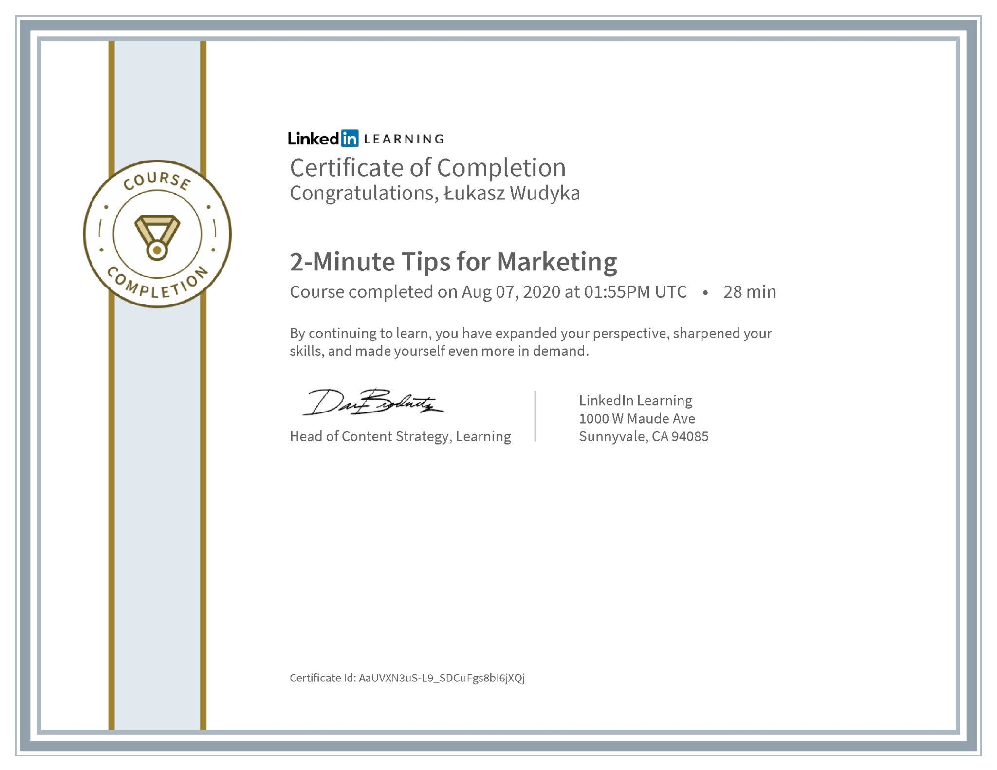 Łukasz Wudyka certyfikat LinkedIn 2-Minute Tips for Marketing
