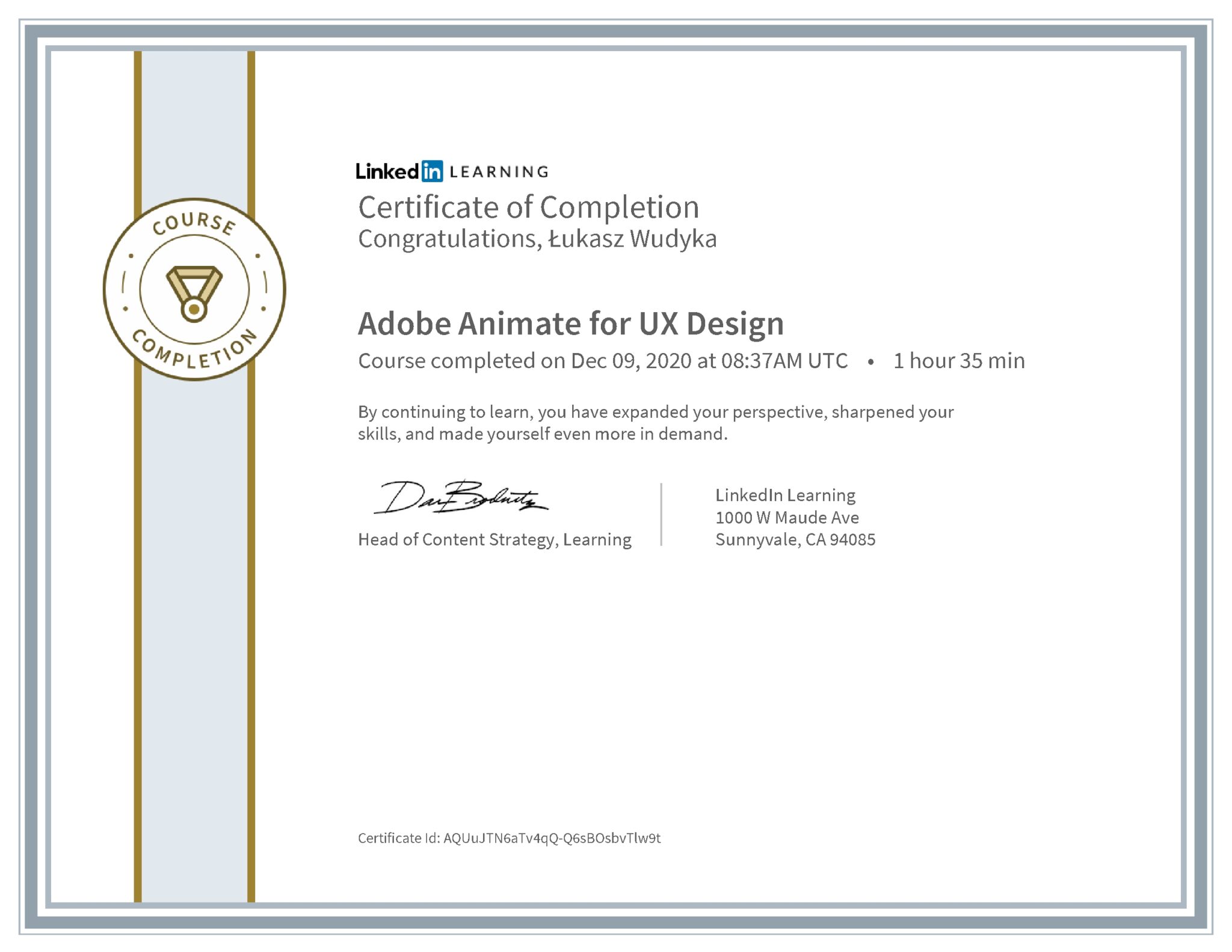 Łukasz Wudyka certyfikat LinkedIn Adobe Animate for UX Design