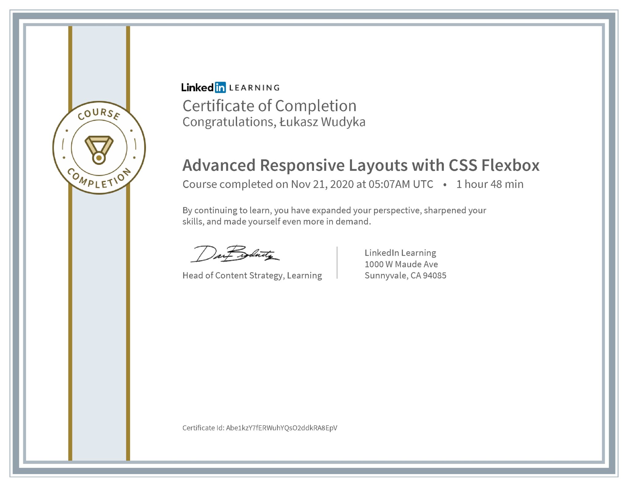 Łukasz Wudyka certyfikat LinkedIn Advanced Responsive Layouts with CSS Flexbox