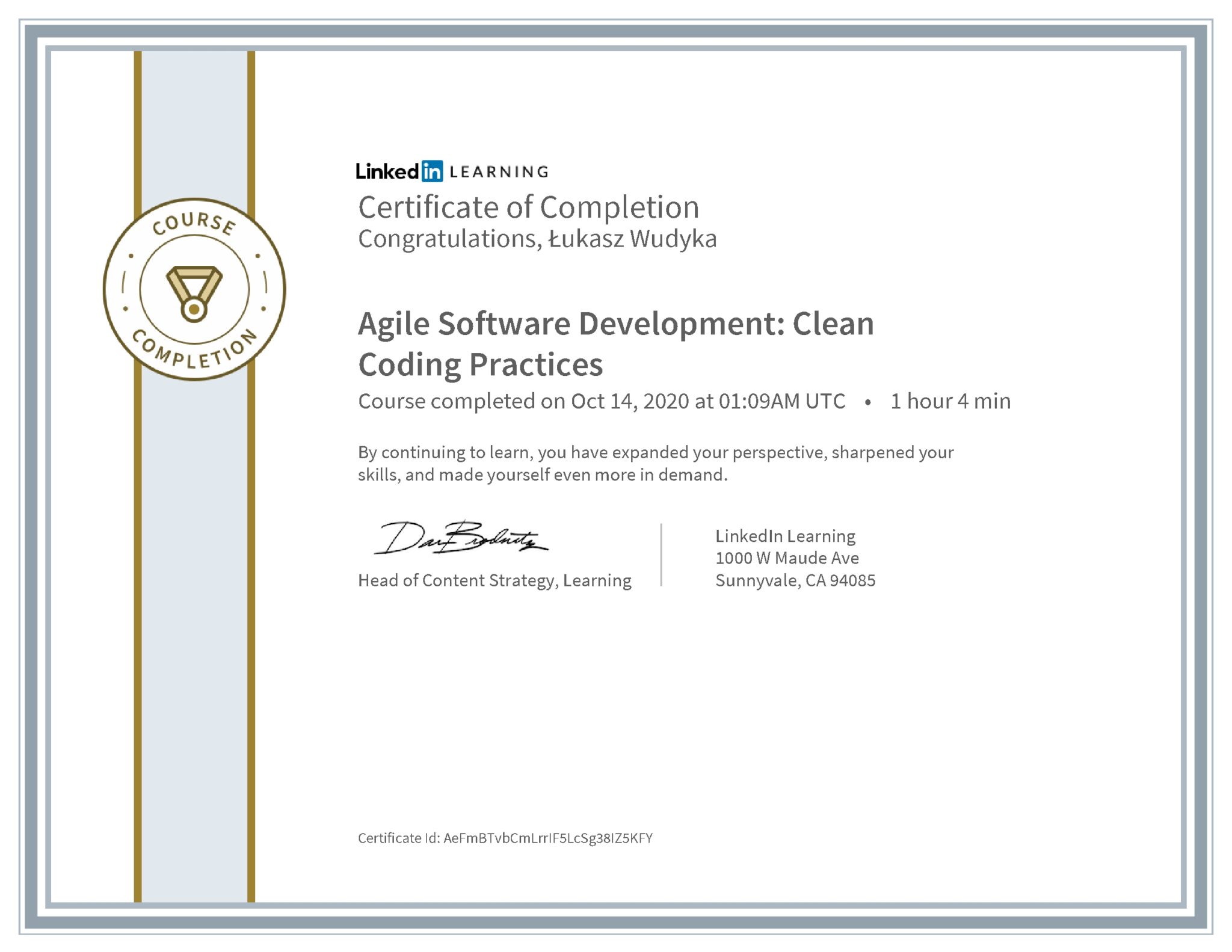 Łukasz Wudyka certyfikat LinkedIn Agile Software Development: Clean Coding Practices