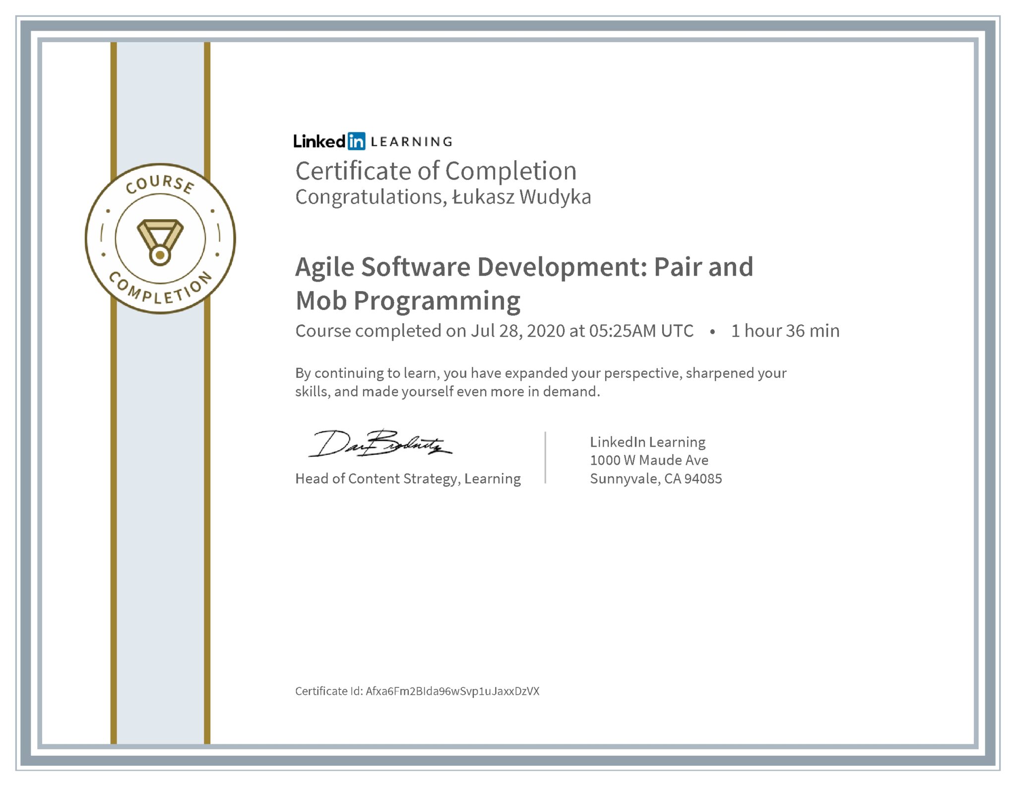 Łukasz Wudyka certyfikat LinkedIn Agile Software Development: Pair and Mob Programming