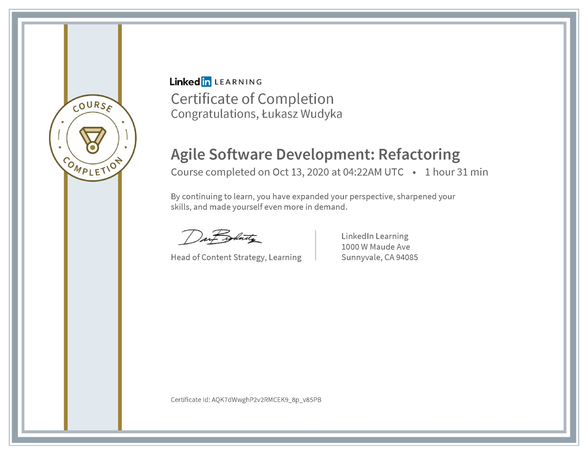 Łukasz Wudyka certyfikat LinkedIn Agile Software Development: Refactoring