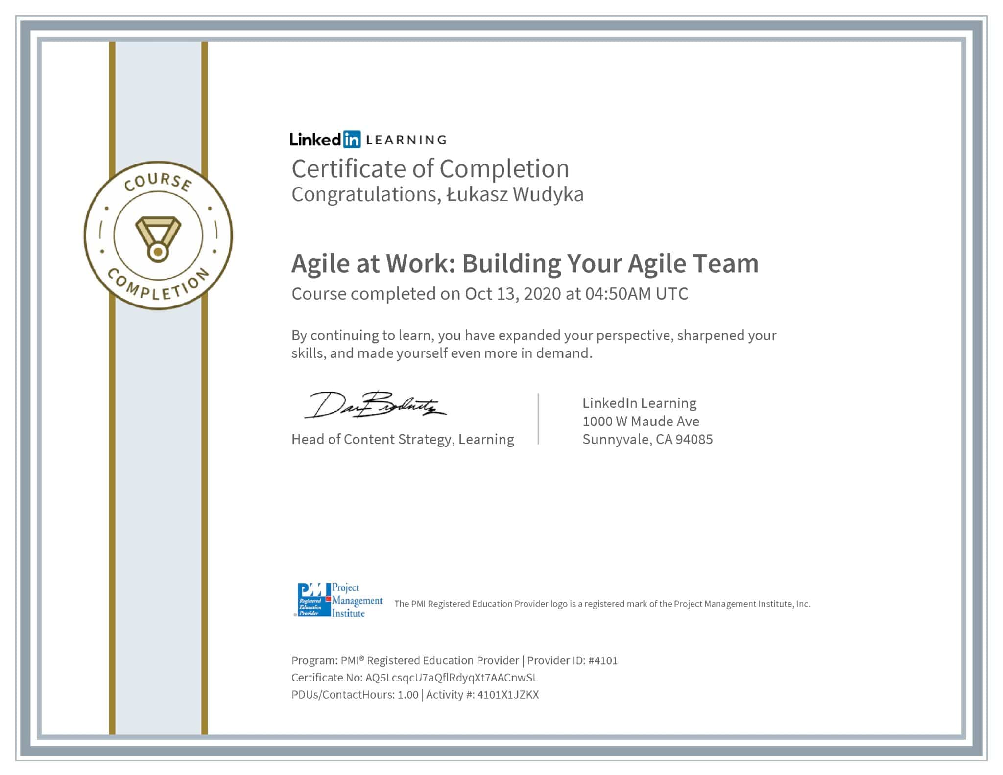 Łukasz Wudyka certyfikat LinkedIn Agile at Work: Building Your Agile Team PMI