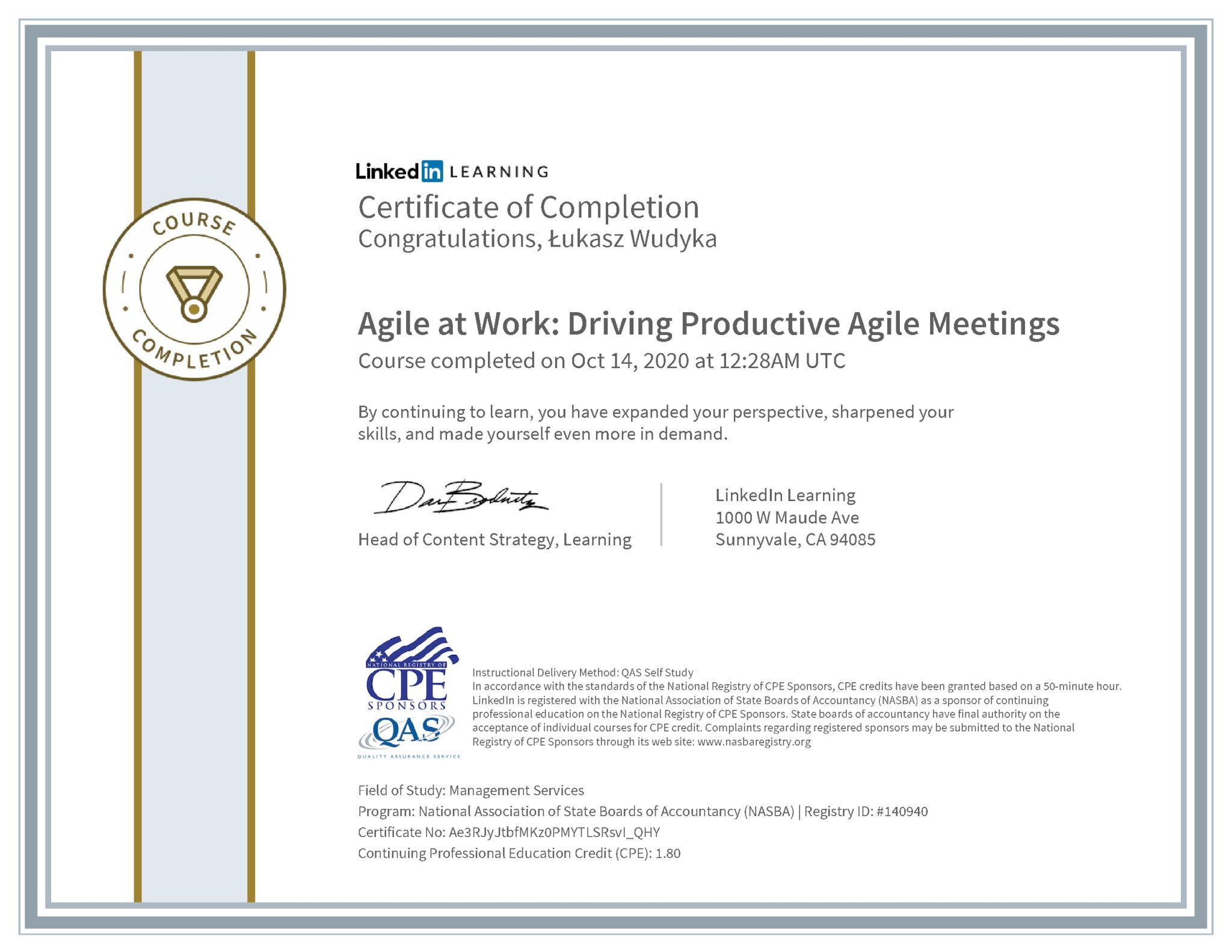 Łukasz Wudyka certyfikat LinkedIn Agile at Work: Driving Productive Agile Meetings NASBA