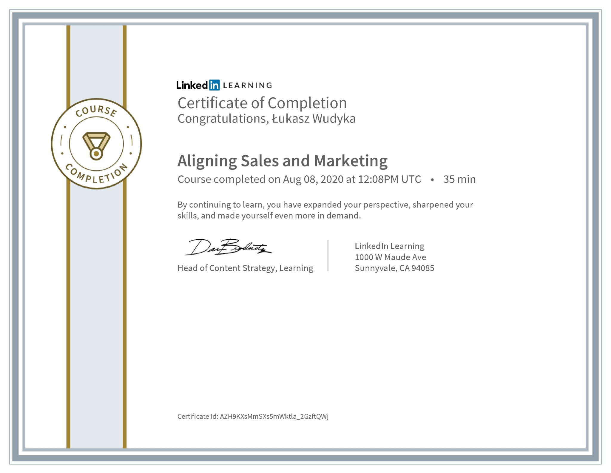 Łukasz Wudyka certyfikat LinkedIn Aligning Sales and Marketing