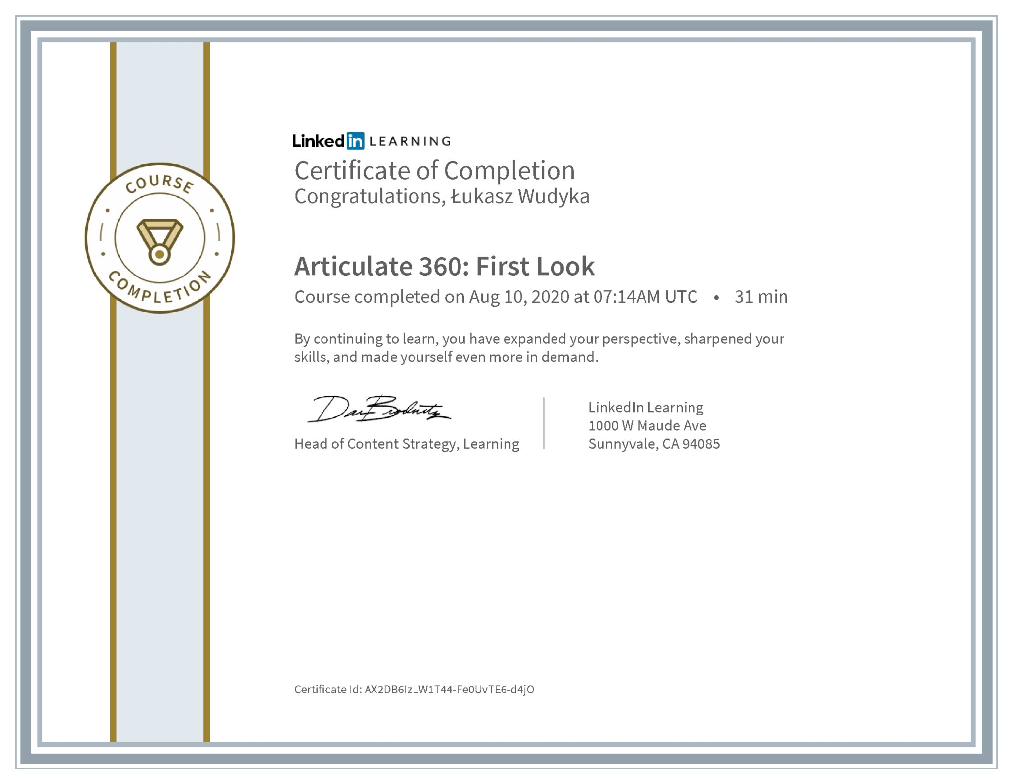 Łukasz Wudyka certyfikat LinkedIn Articulate 360: First Look