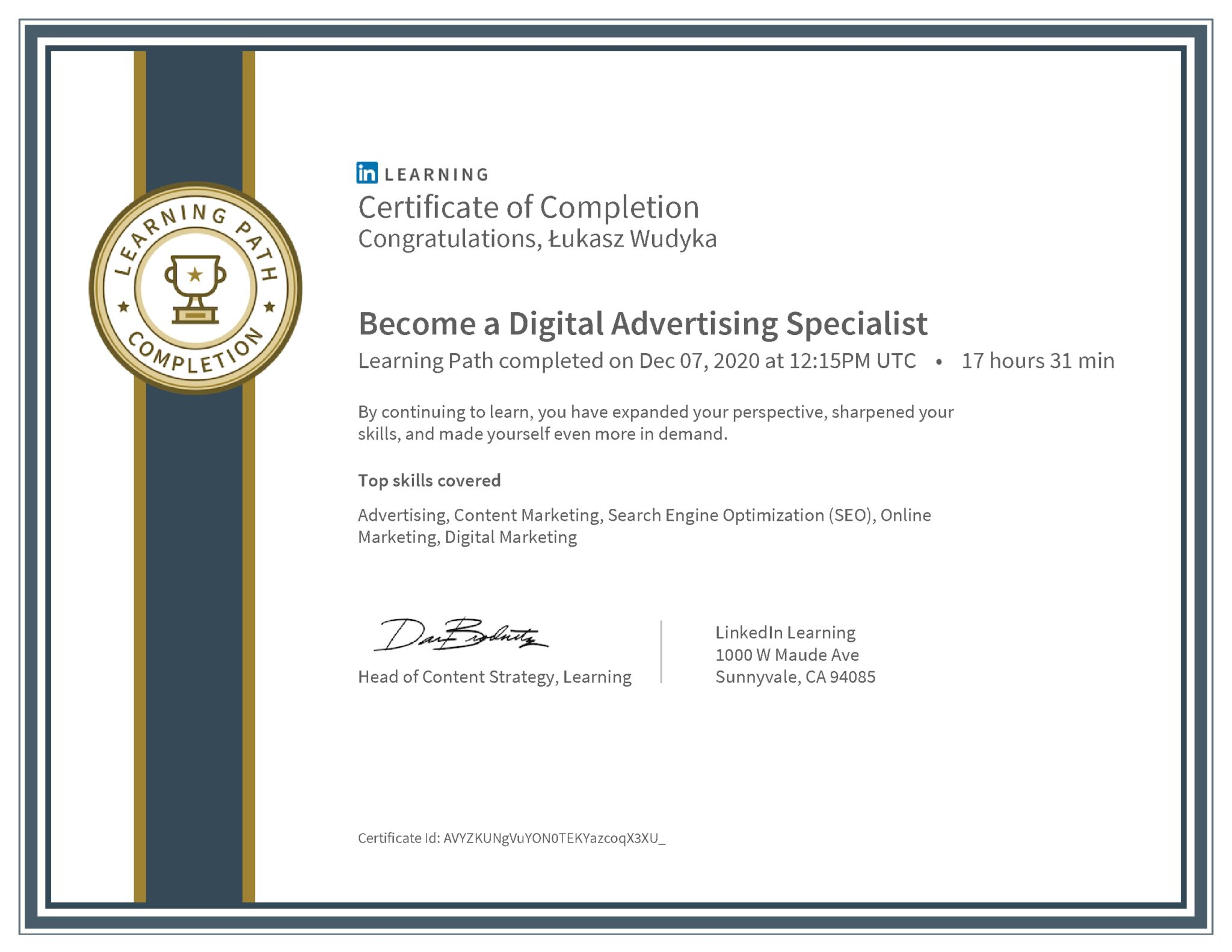 Łukasz Wudyka certyfikat LinkedIn Become a Digital Advertising Specialist