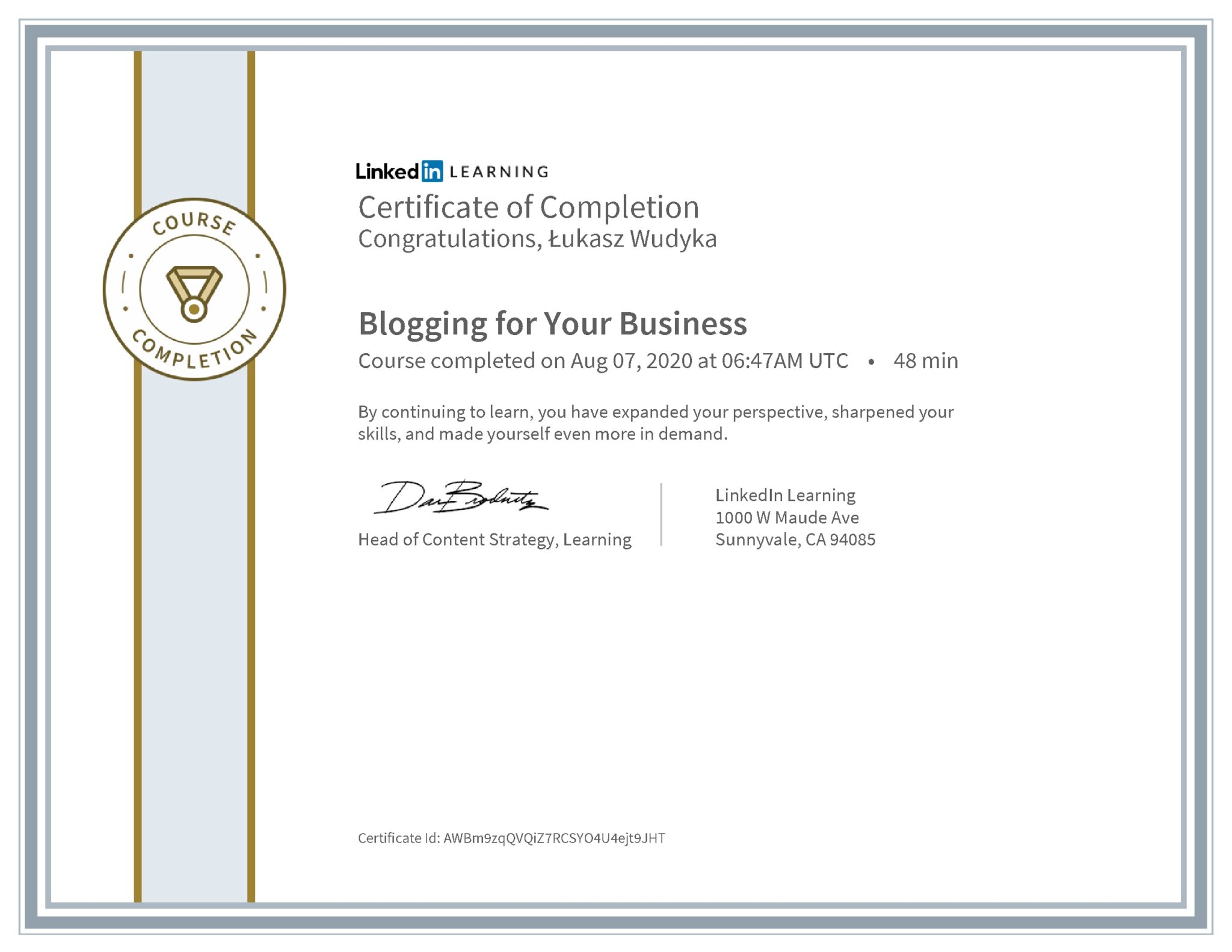 Łukasz Wudyka certyfikat LinkedIn Blogging for Your Business