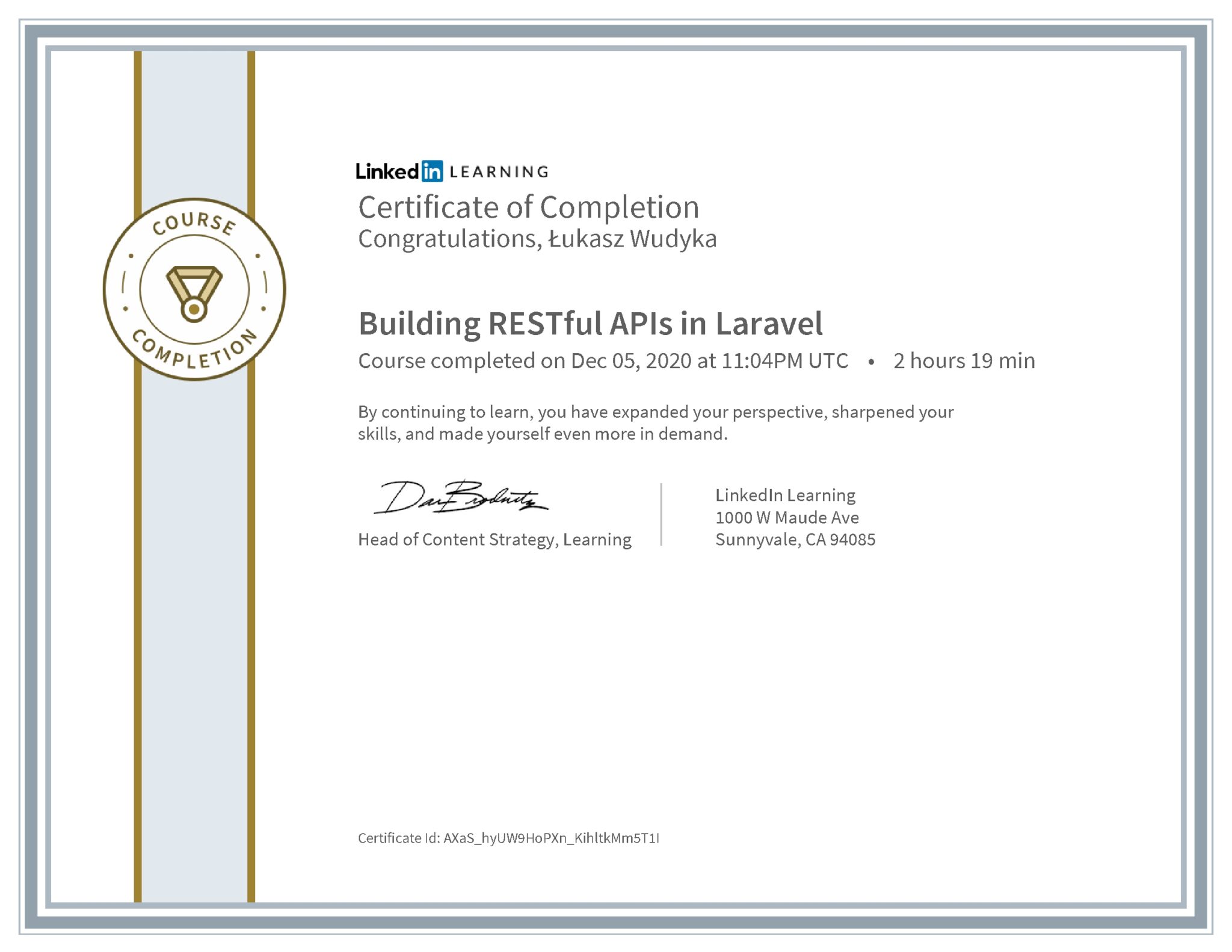 Łukasz Wudyka certyfikat LinkedIn Building RESTful APIs in Laravel