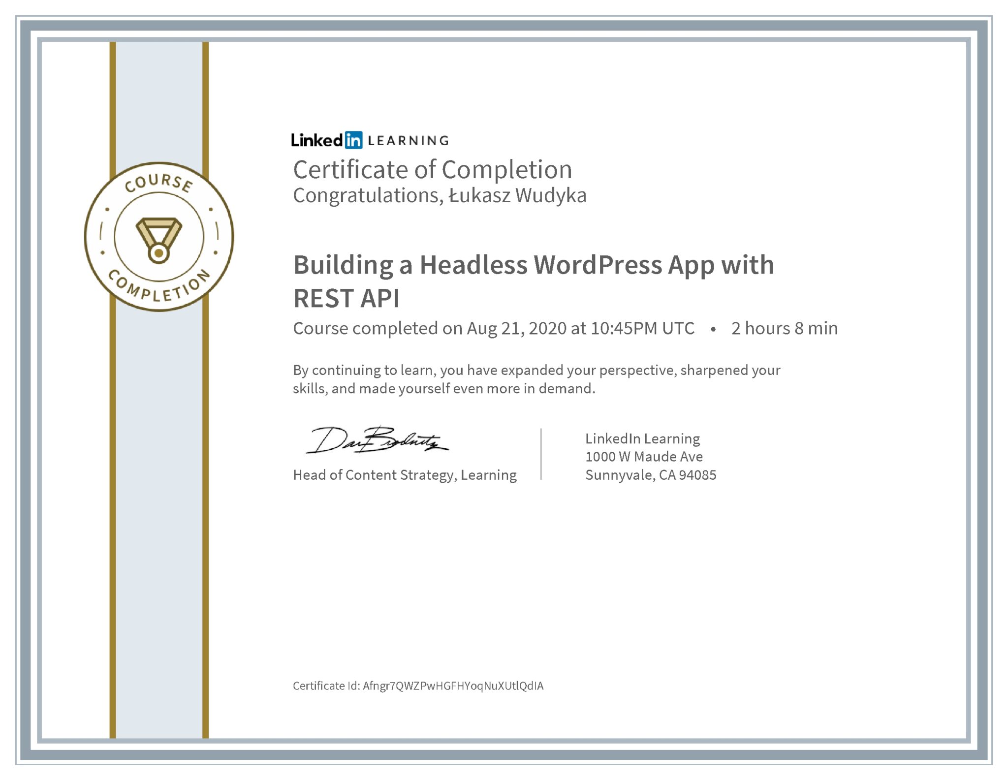 Łukasz Wudyka certyfikat LinkedIn Building a Headless WordPress App with REST API