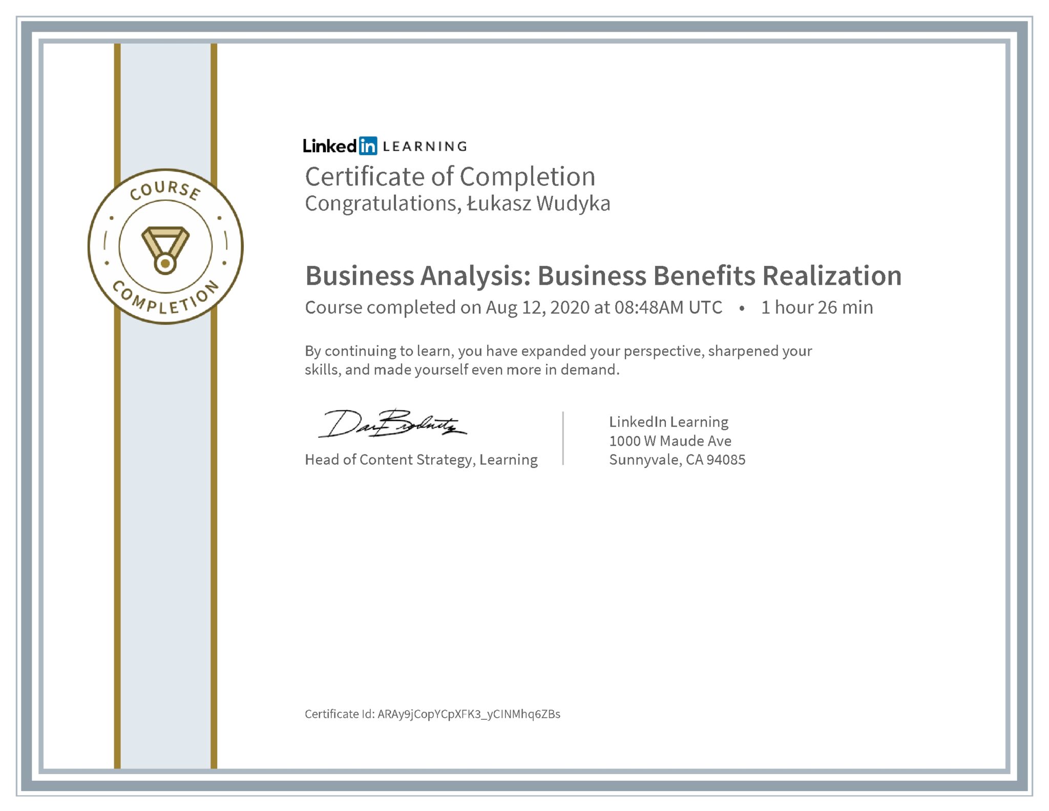 Łukasz Wudyka certyfikat LinkedIn Business Analysis: Business Benefits Realization