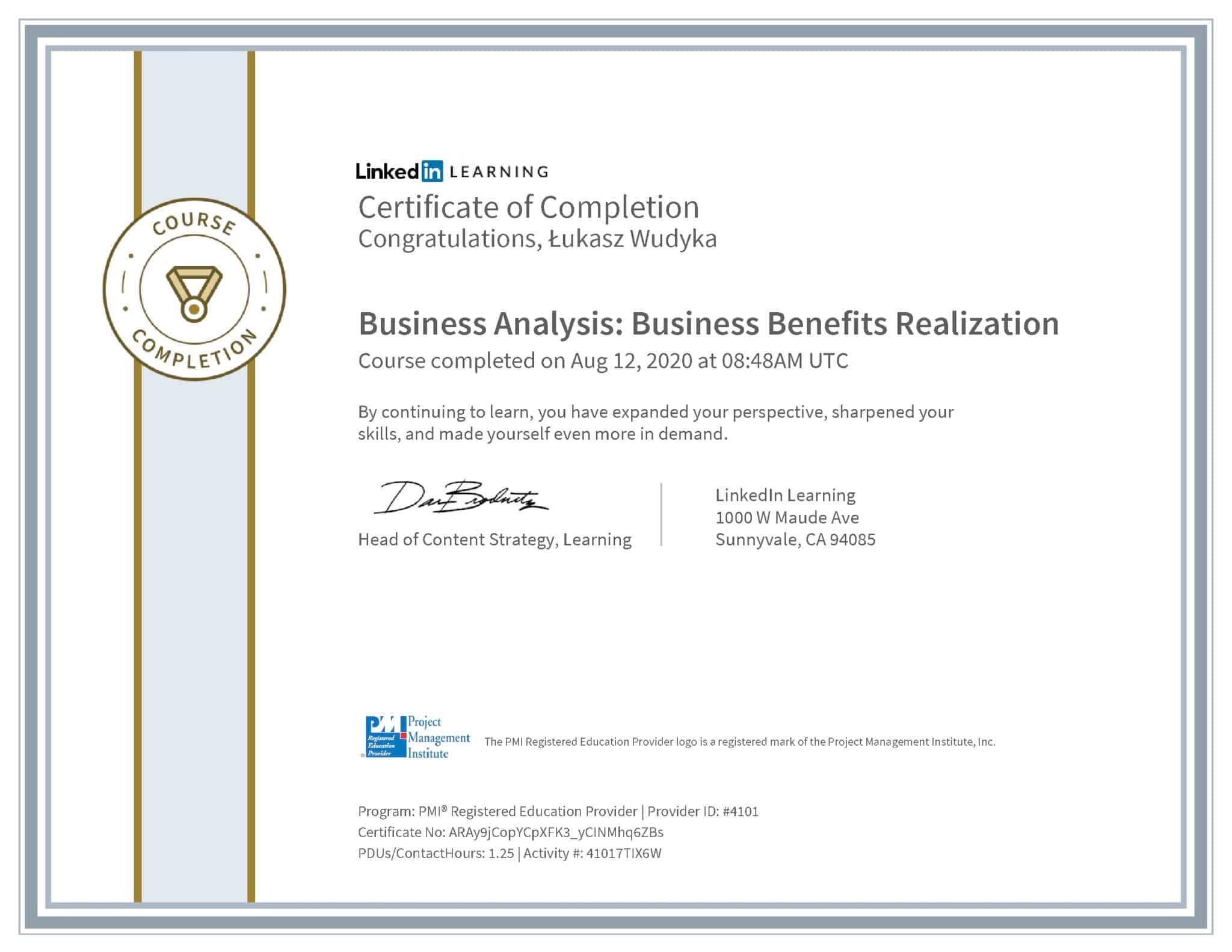 Łukasz Wudyka certyfikat LinkedIn Business Analysis: Business Benefits Realization PMI