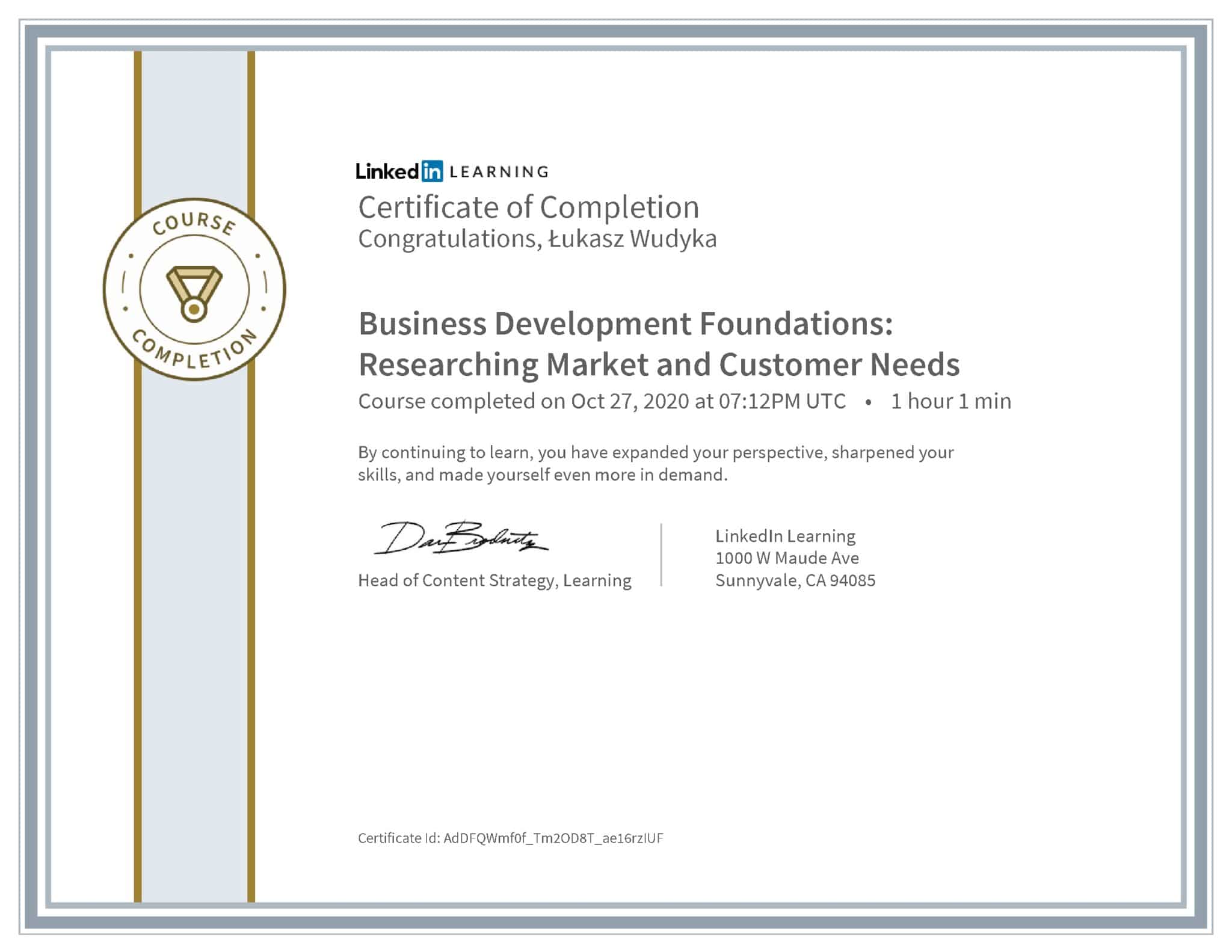 Łukasz Wudyka certyfikat LinkedIn Business Development Foundations: Reserching Market and Customer Needs