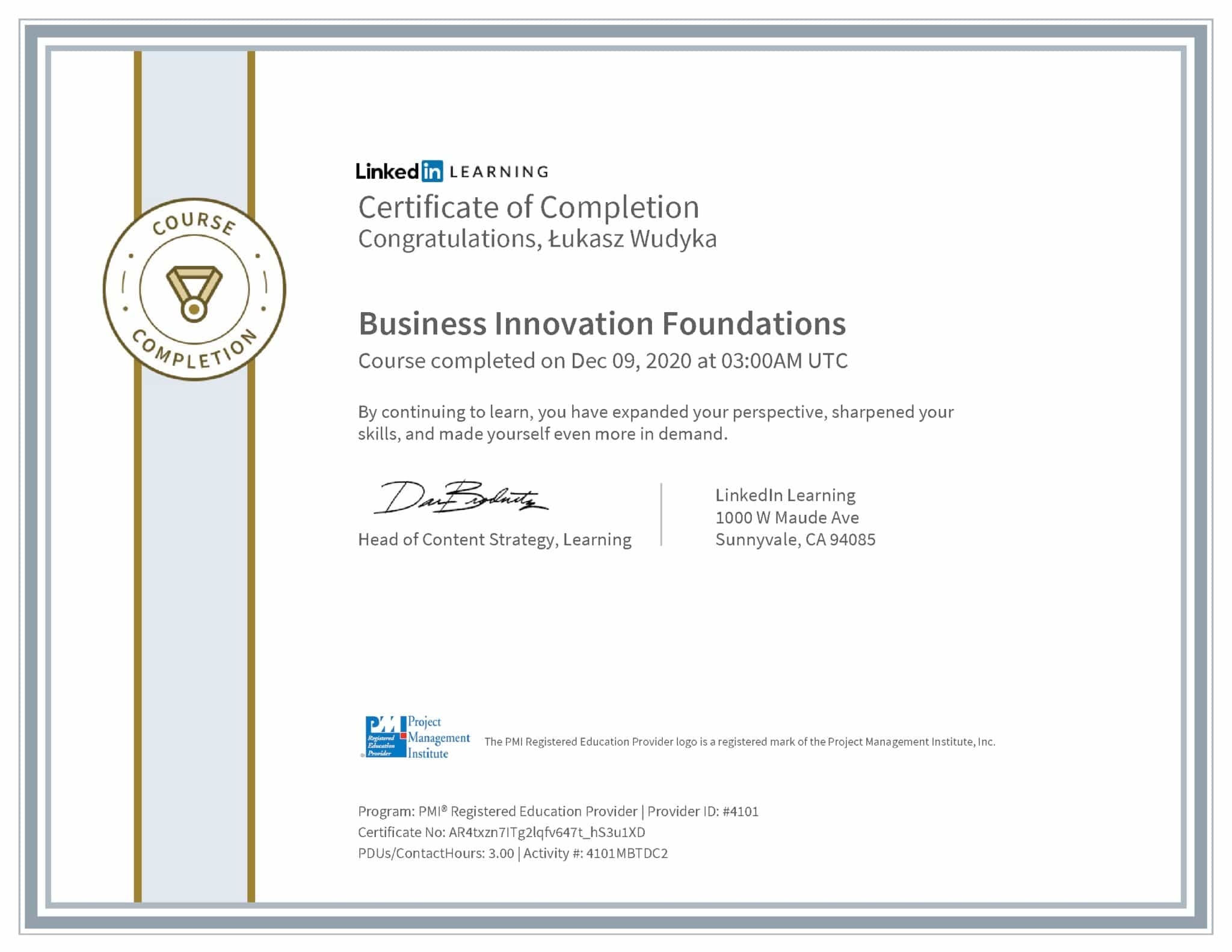 Łukasz Wudyka certyfikat LinkedIn Business Innovation Foundations PMI