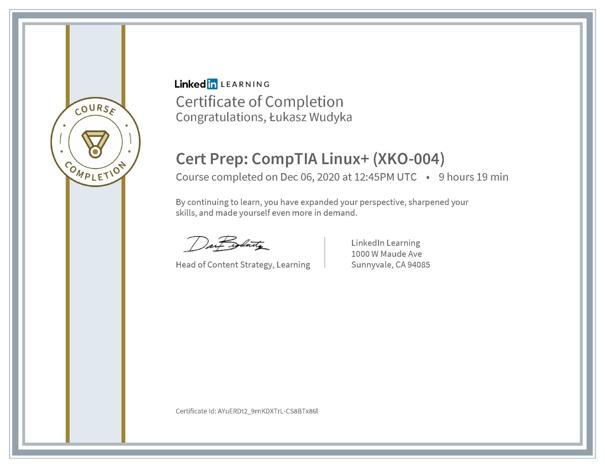 Łukasz Wudyka certyfikat LinkedIn Cert Prep: CompTIA Linux+ (XKO-004)