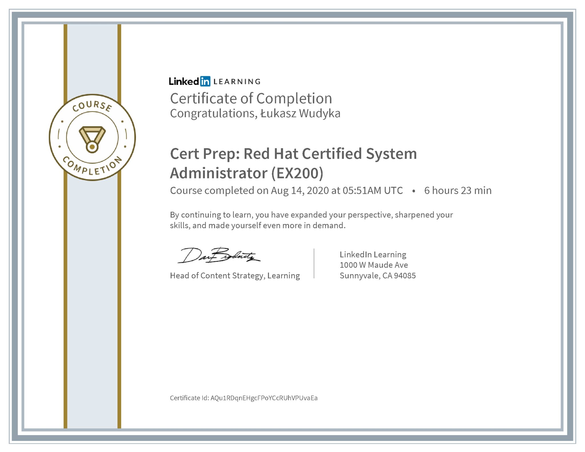 Łukasz Wudyka certyfikat LinkedIn Cert Prep: Red Hat Certified System Administrator (EX200)