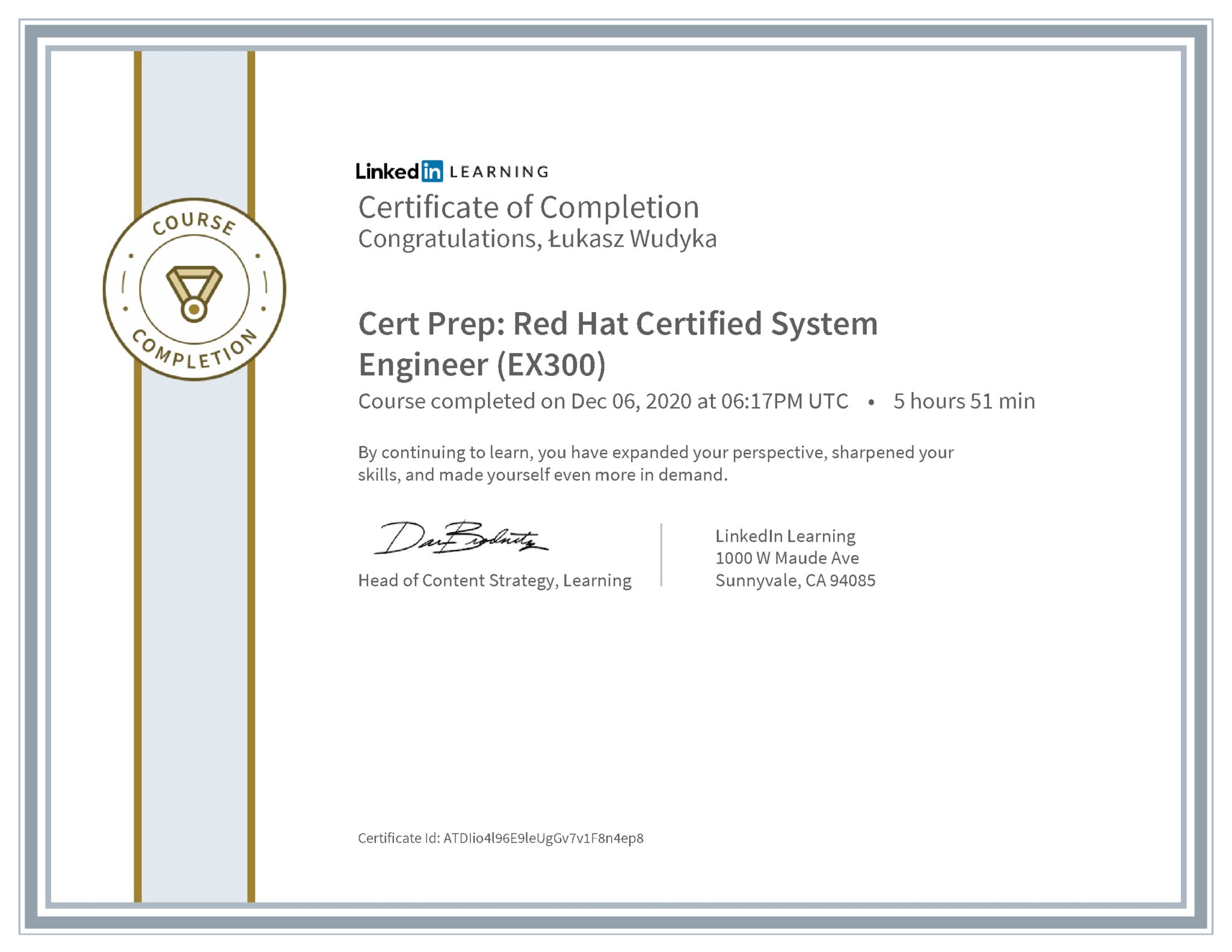 Łukasz Wudyka certyfikat LinkedIn Cert Prep: Red Hat Certified System Engineer (EX300)