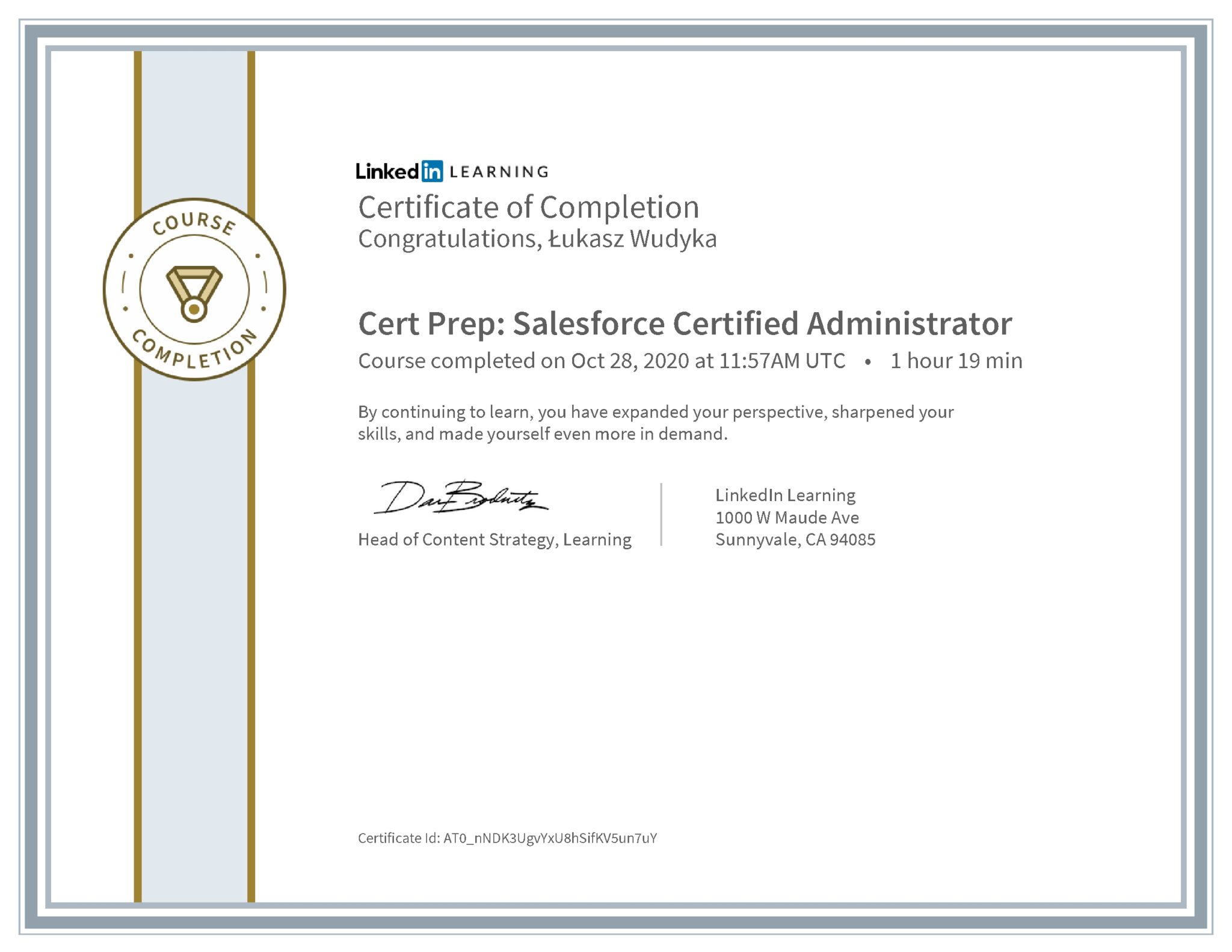 Łukasz Wudyka certyfikat LinkedIn Cert Prep: Salesforce Certified Administrator