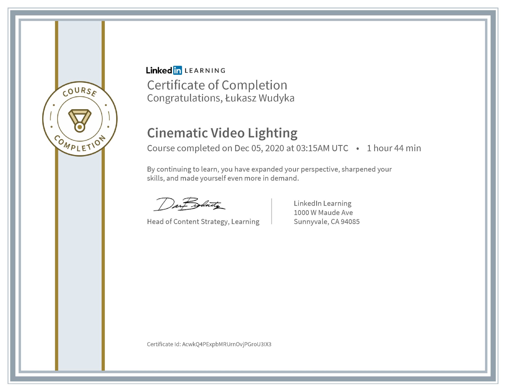 Łukasz Wudyka certyfikat LinkedIn Cinematic Video Lighting
