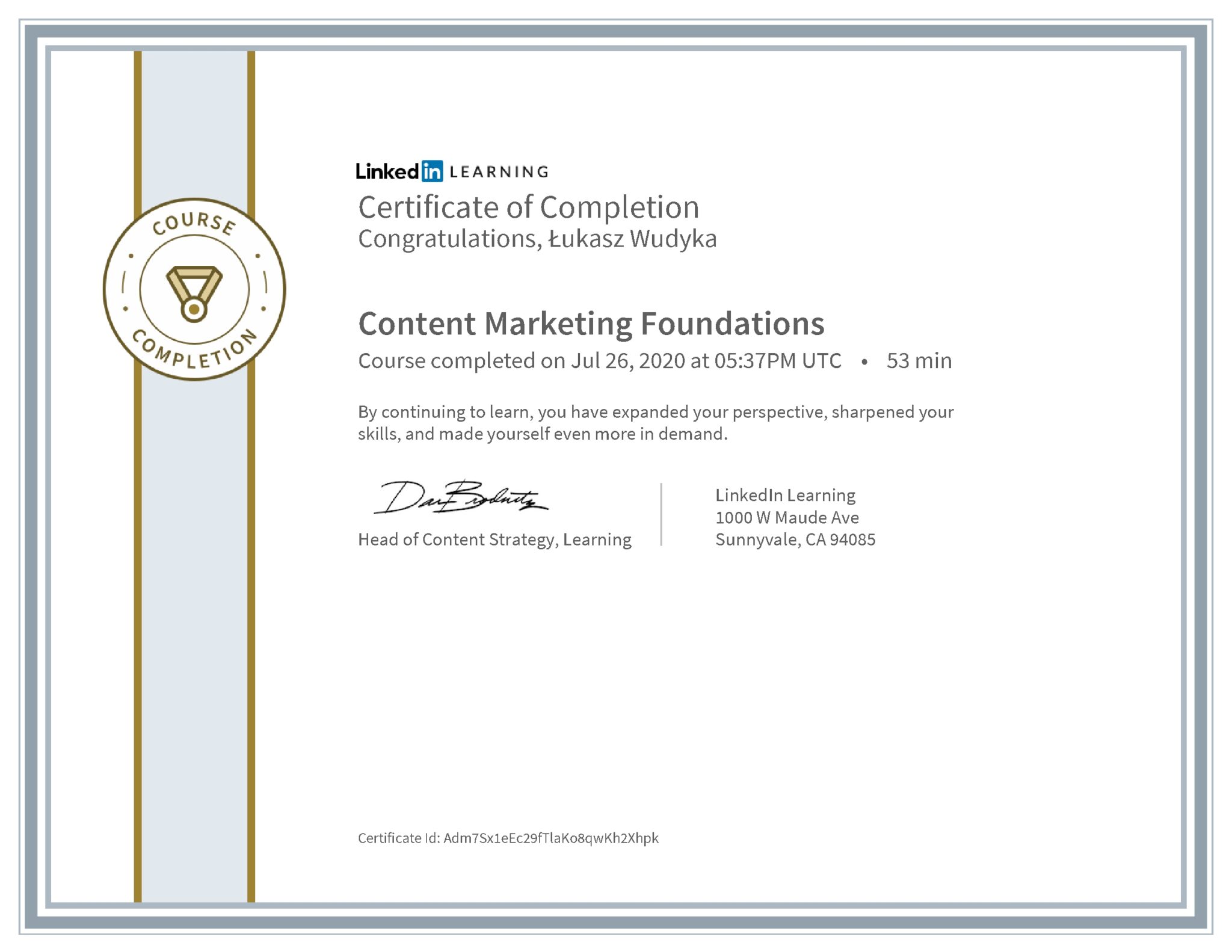 Łukasz Wudyka certyfikat LinkedIn Content Marketing Foundations
