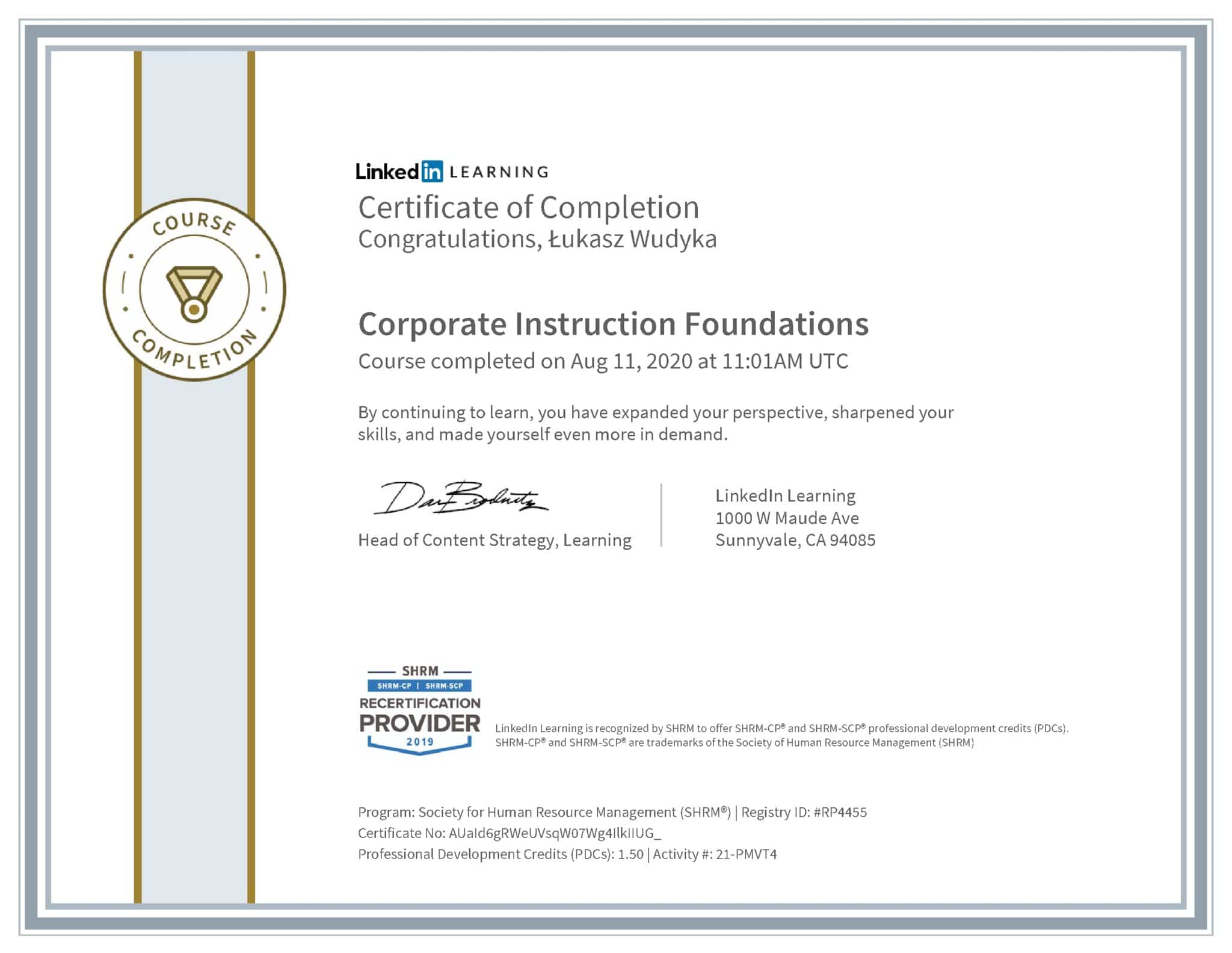 Łukasz Wudyka certyfikat LinkedIn Corporate Instruction Foundations SHRM