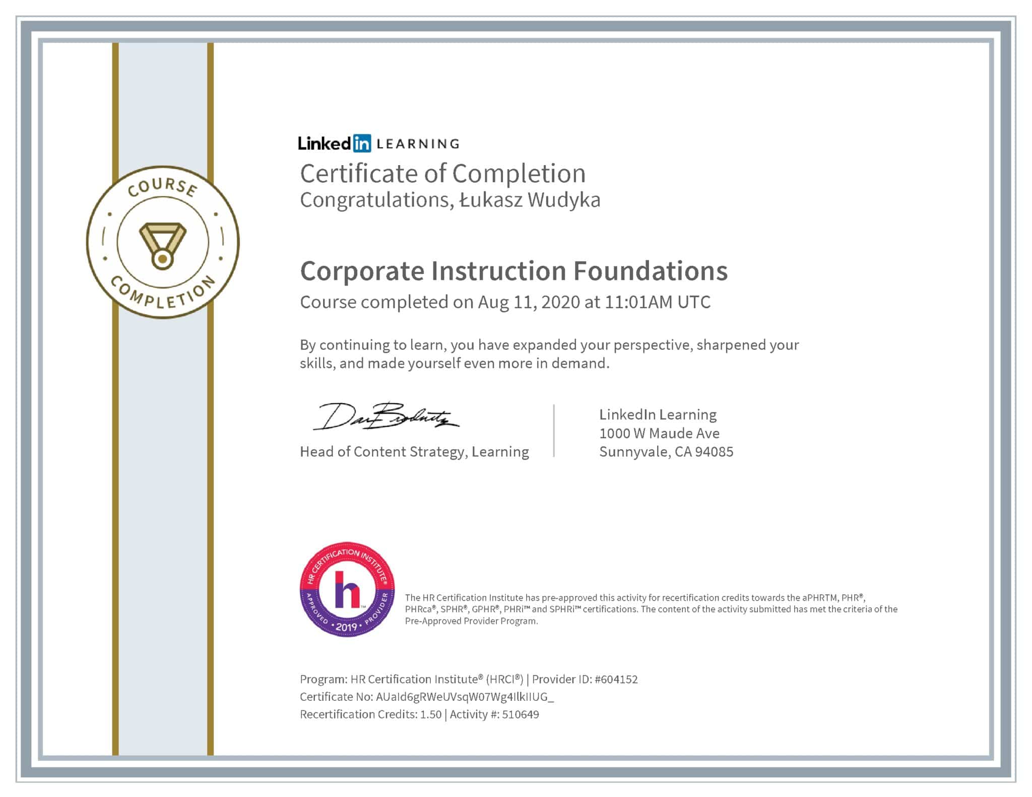 Łukasz Wudyka certyfikat LinkedIn Corporate Instruction Foundations HRCI