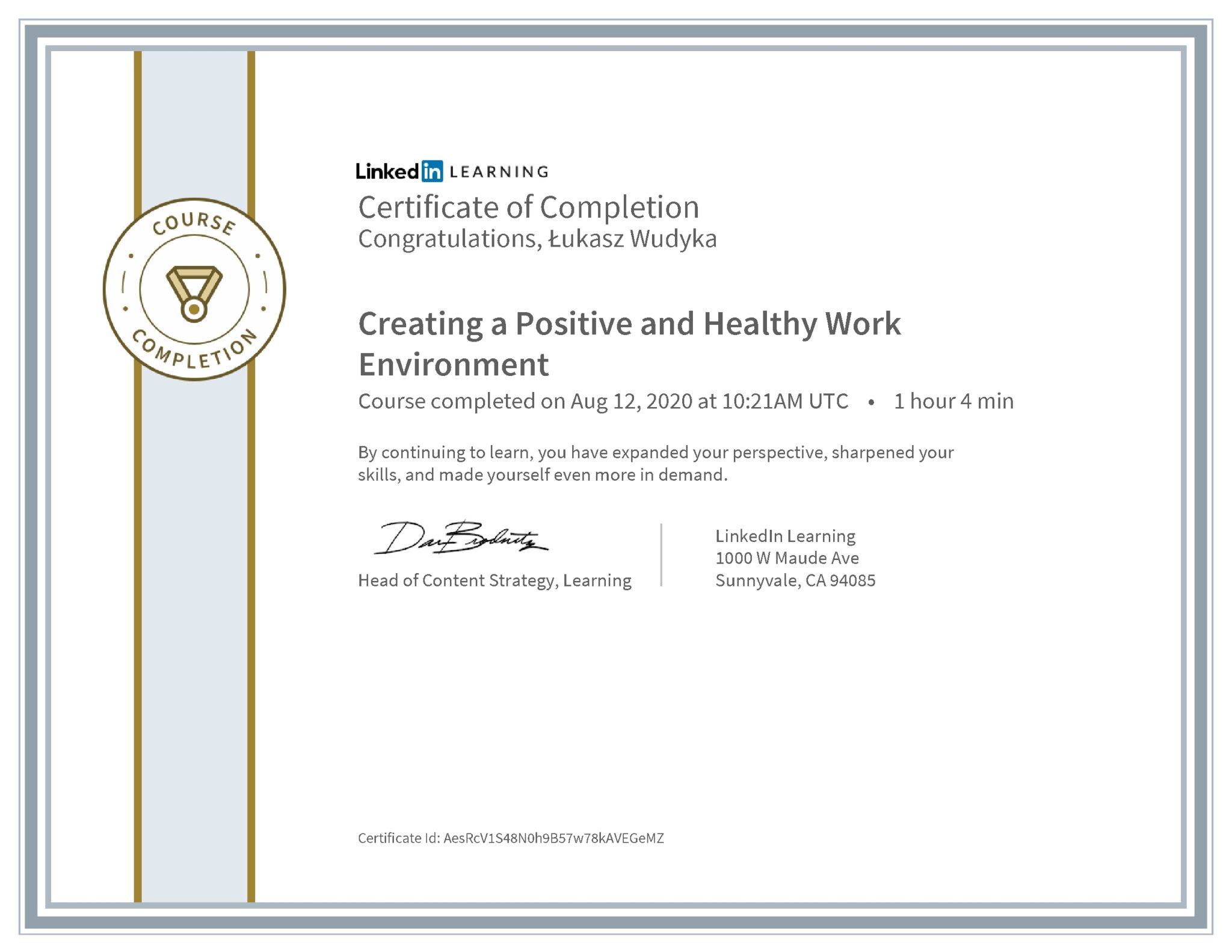 Łukasz Wudyka certyfikat LinkedIn Creating a Positive and Healthy Work Environment
