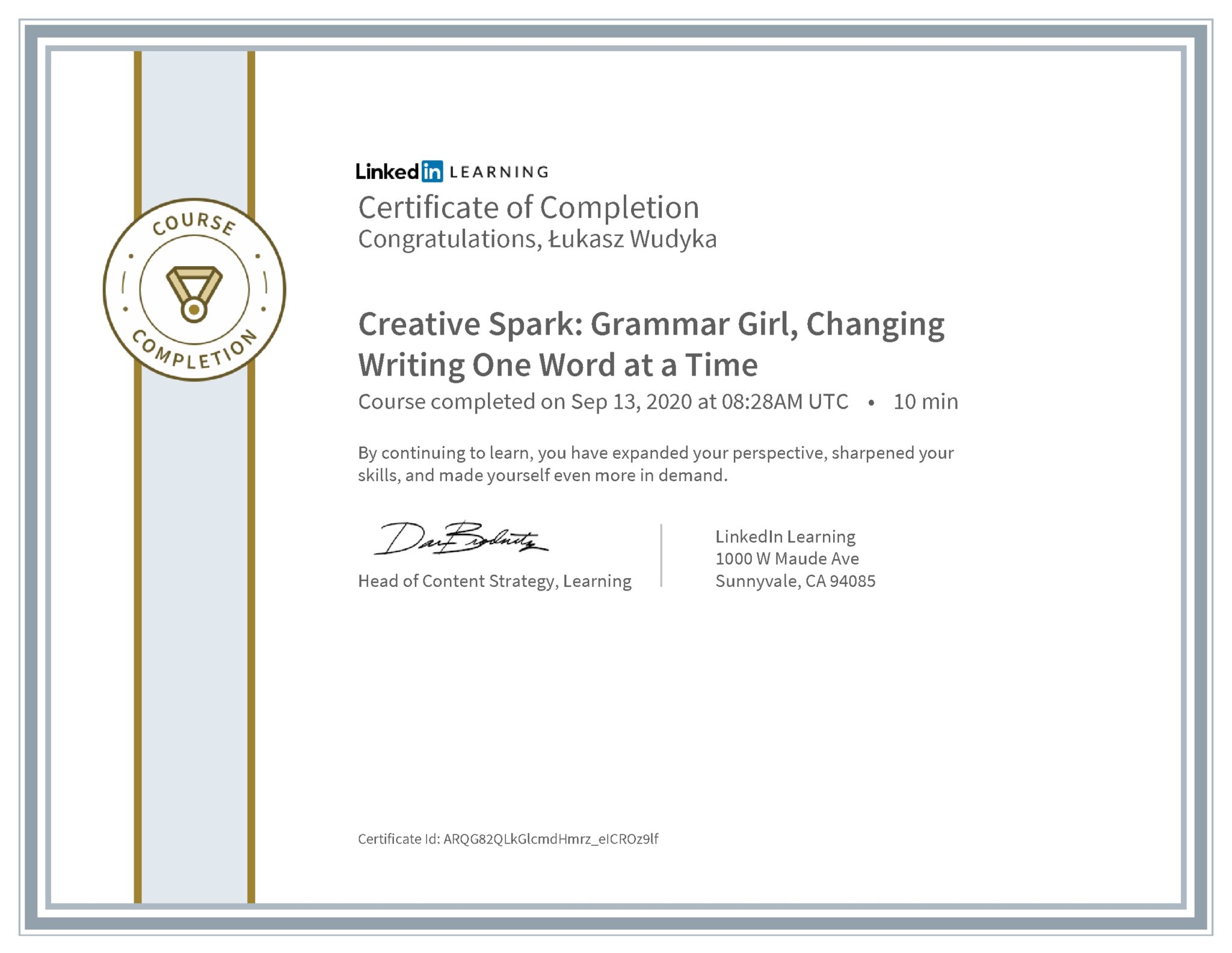 Łukasz Wudyka certyfikat LinkedIn Creative Spark: Grammar Girl, Changing Writing One Word at a Time