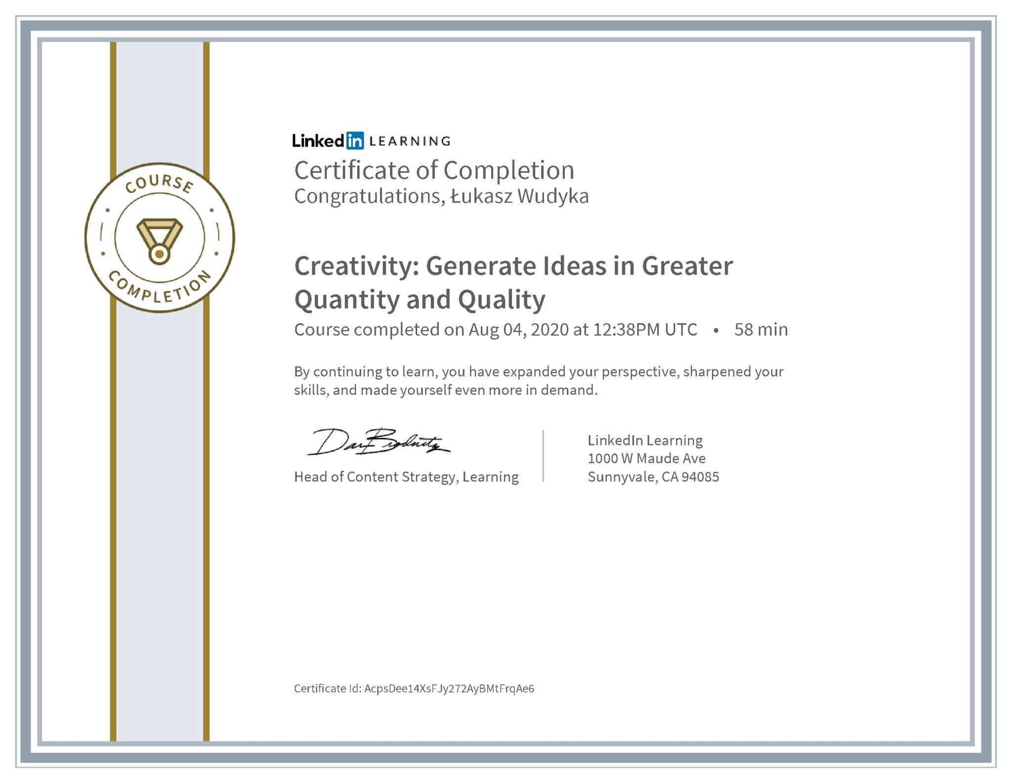 Łukasz Wudyka certyfikat LinkedIn Creativity: Generate Ideas in Greater Quantity and Quality