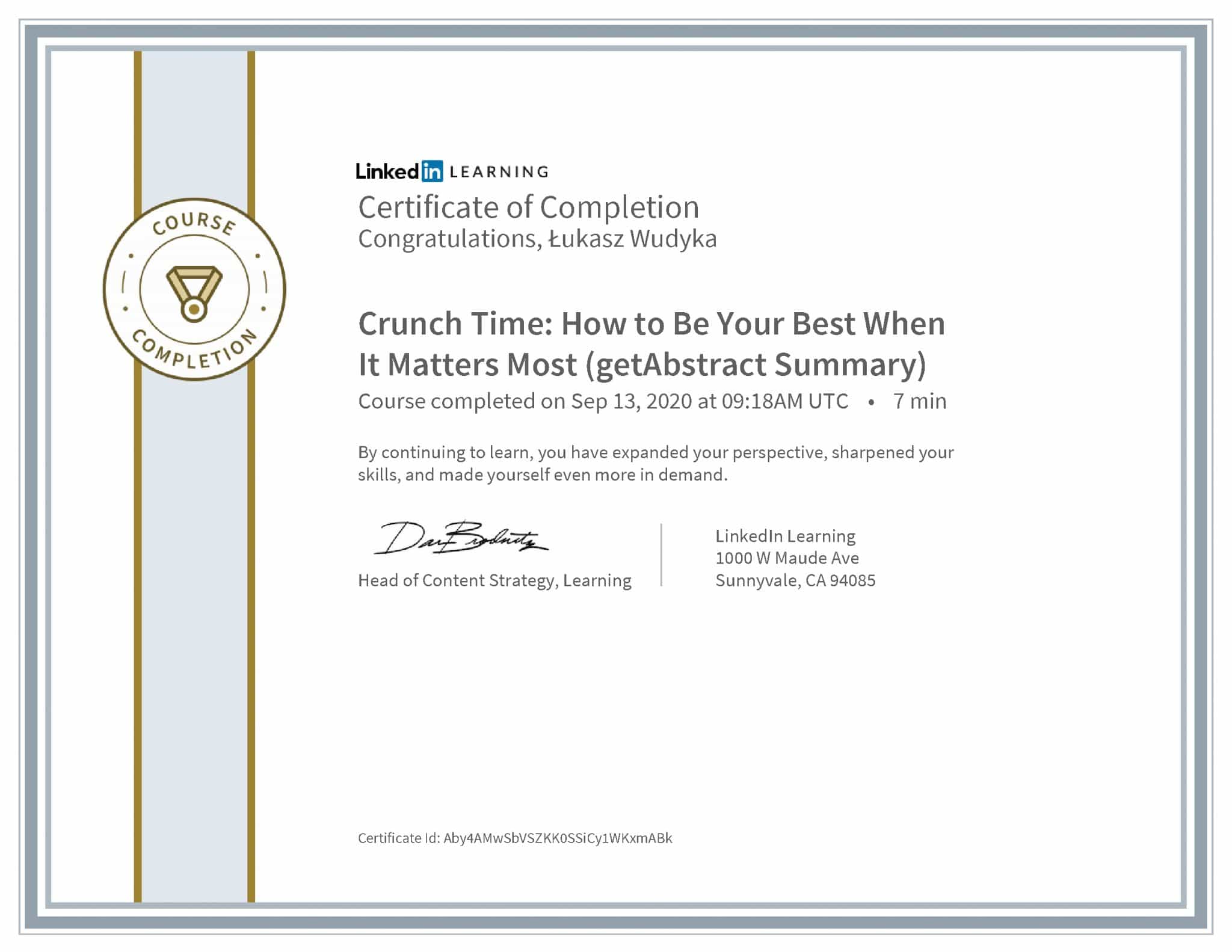 Łukasz Wudyka certyfikat LinkedIn Crunch Time: How to Be Your Best When It Matters Most (getAbstract Summary)