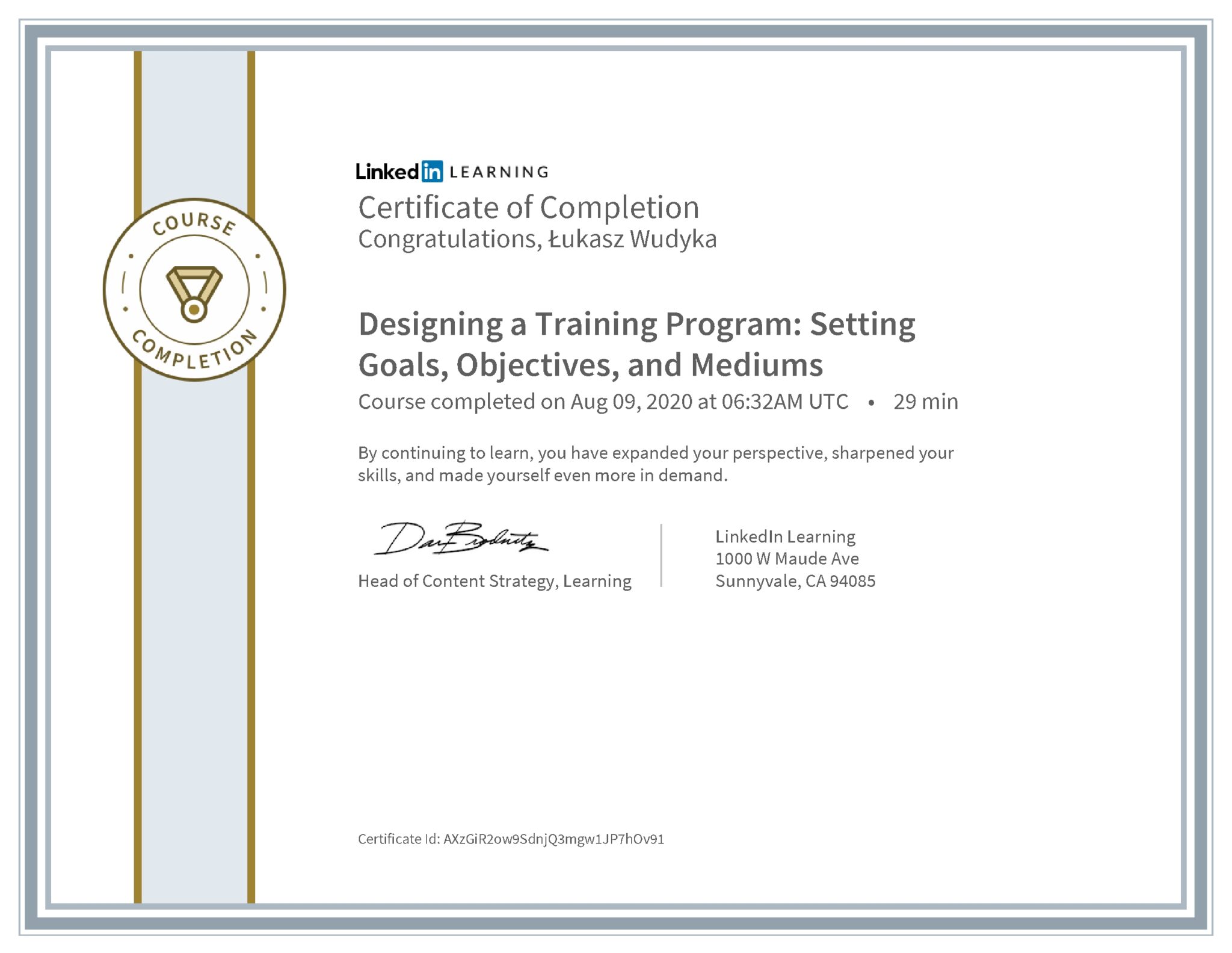 Łukasz Wudyka certyfikat LinkedIn Designing a Training Program: Setting Goals, Objectives, and Mediums