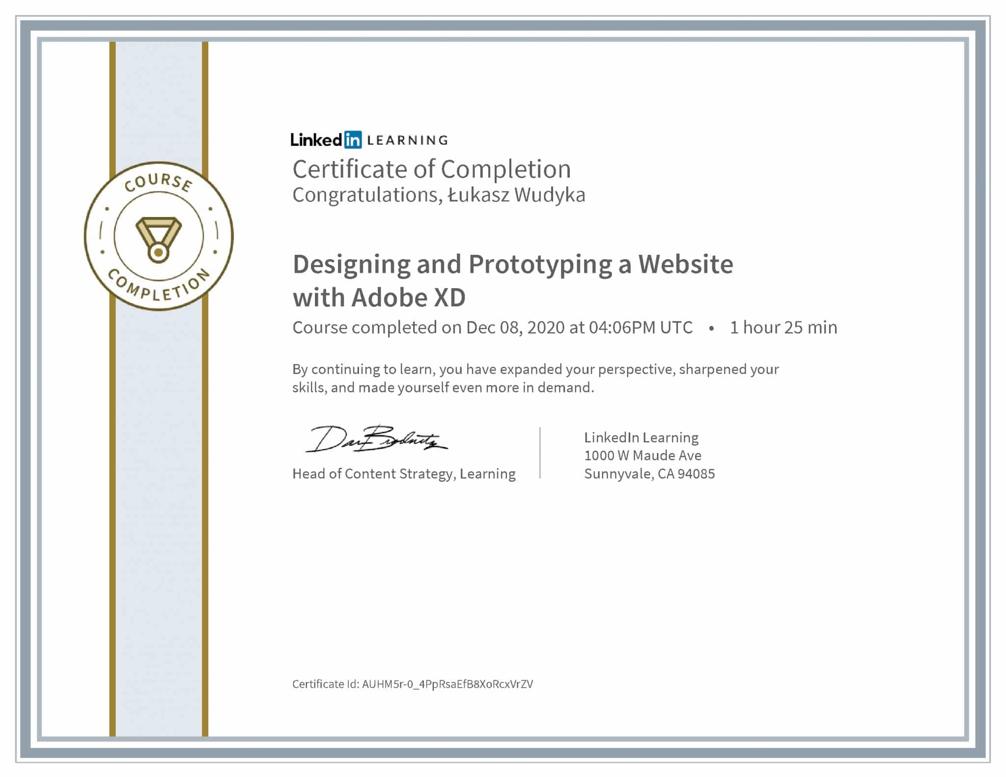 Łukasz Wudyka certyfikat LinkedIn Designing and Prototyping a Website with Adobe XD