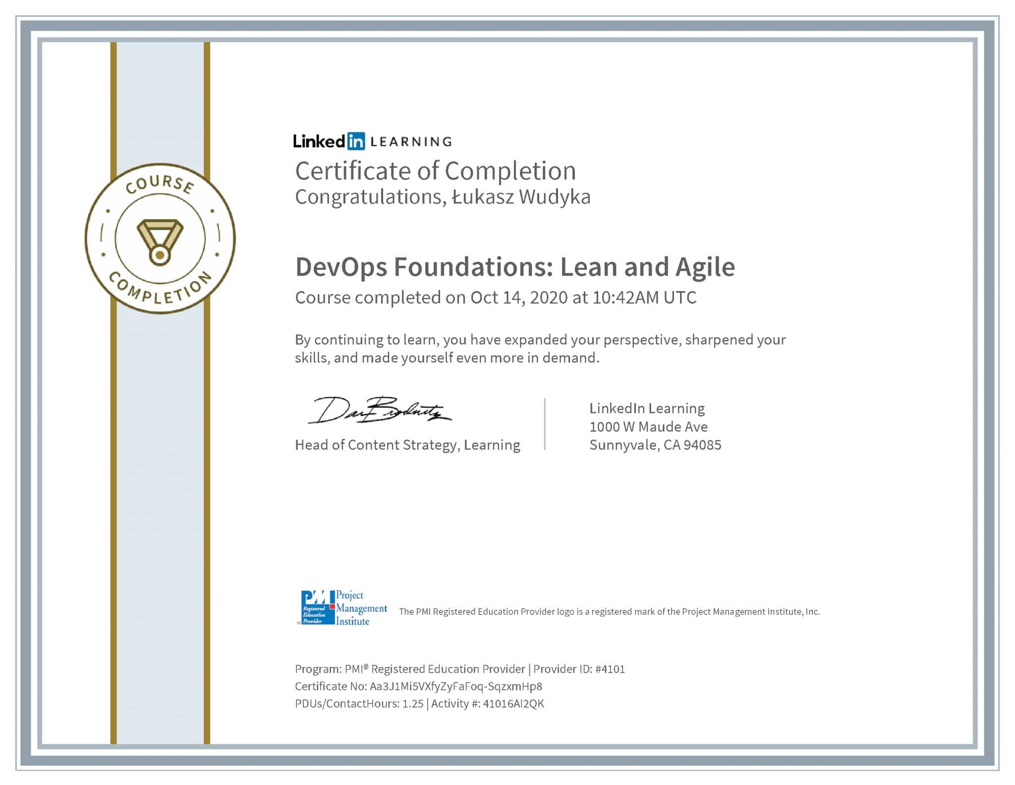 Łukasz Wudyka certyfikat LinkedIn DevOps Foundations: Lean and Agile PMI