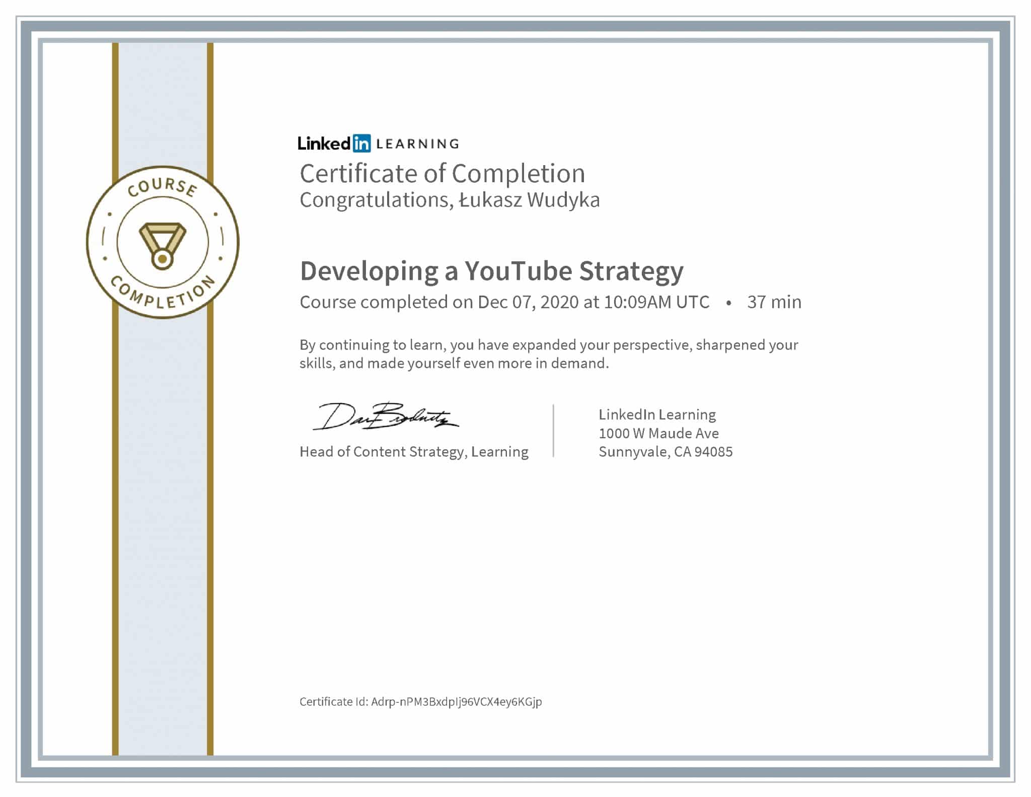 Łukasz Wudyka certyfikat LinkedIn Developing a YouTube Strategy