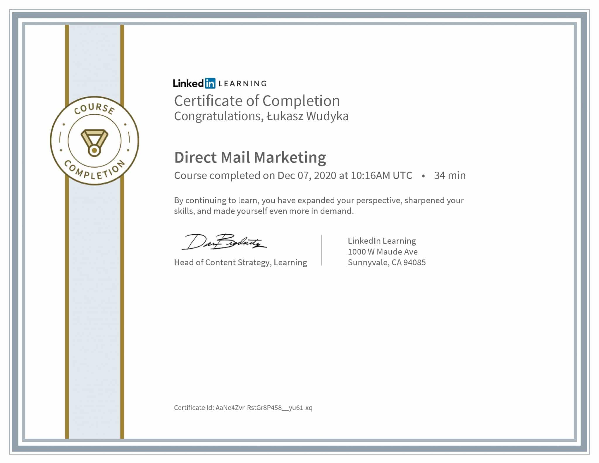 Łukasz Wudyka certyfikat LinkedIn Direct Mail Marketing