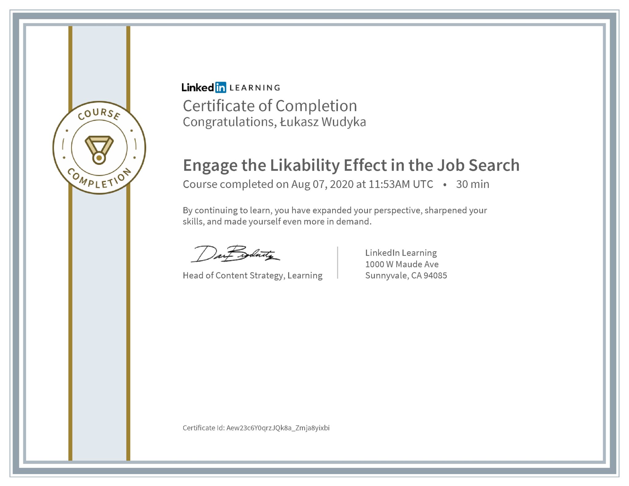 Łukasz Wudyka certyfikat LinkedIn Engage the Likability Effect in the Job Search