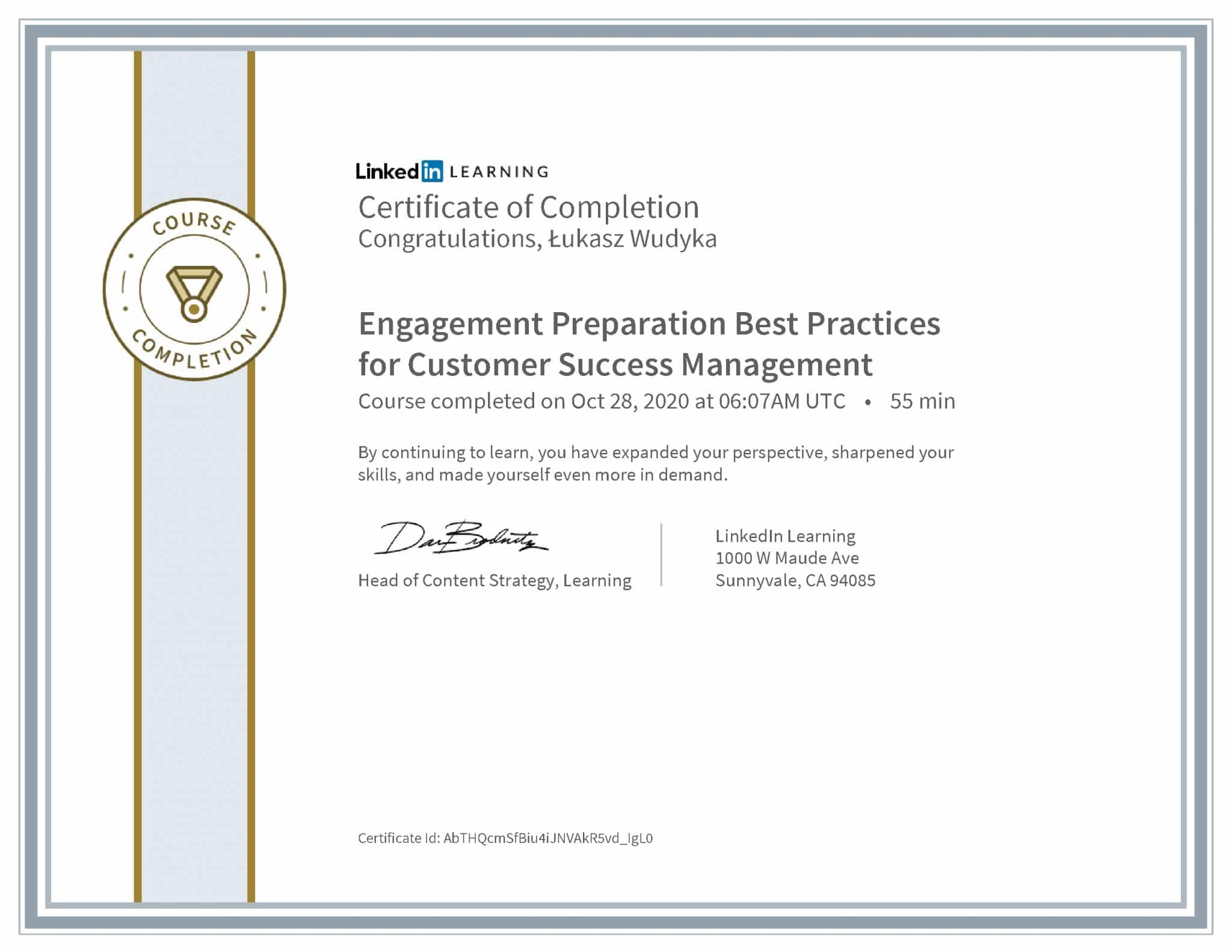 Łukasz Wudyka certyfikat LinkedIn Engagement Preparation Best Practices for Customer Success Management