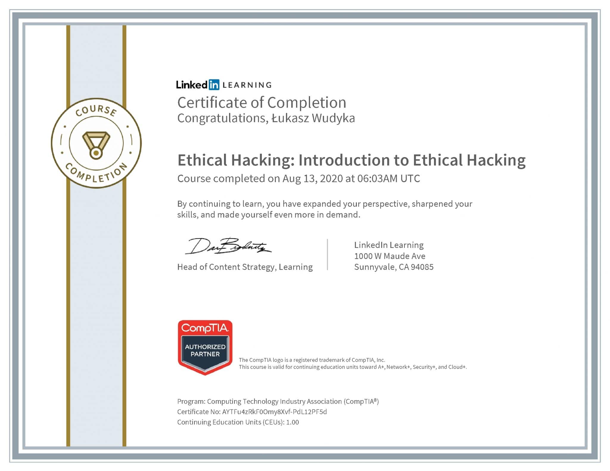 Łukasz Wudyka certyfikat LinkedIn Ethical Hacking: Introduction to Ethical Hacking CompTIA