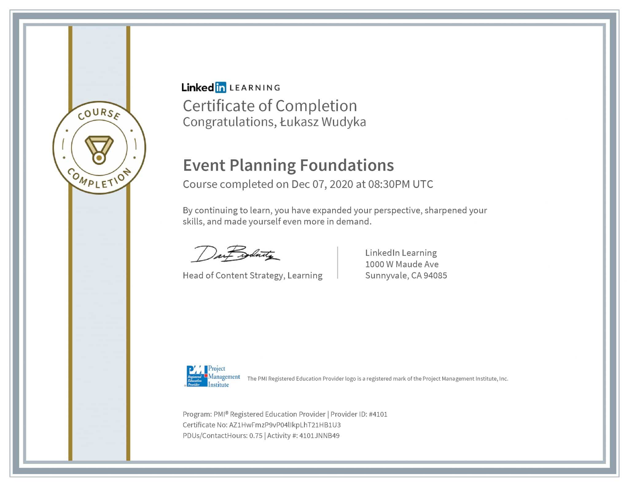 Łukasz Wudyka certyfikat LinkedIn Event Planning Foundations PMI