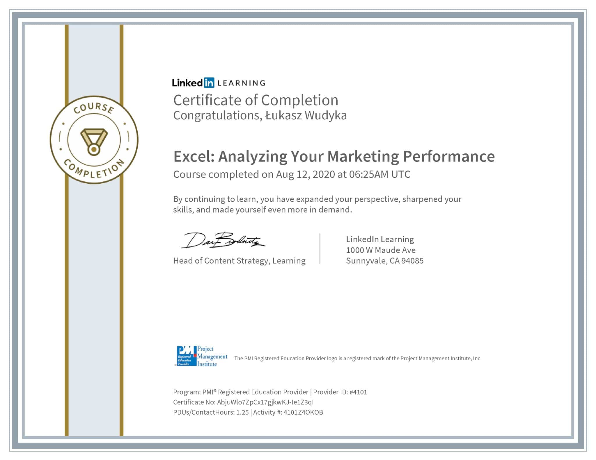 Łukasz Wudyka certyfikat LinkedIn Excel: Analyzing Your Marketing Performance PMI