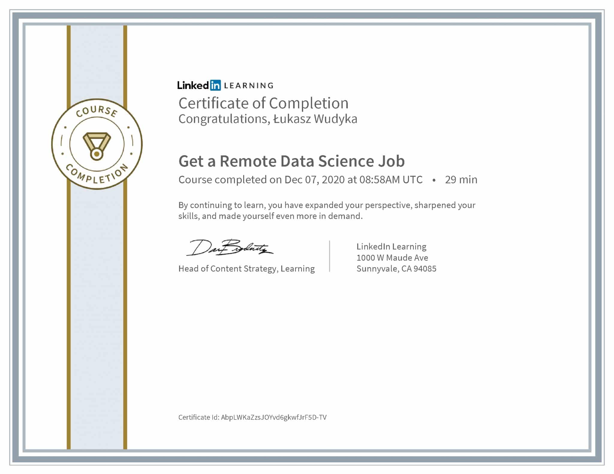Łukasz Wudyka certyfikat LinkedIn Get a Remote Data Science Job