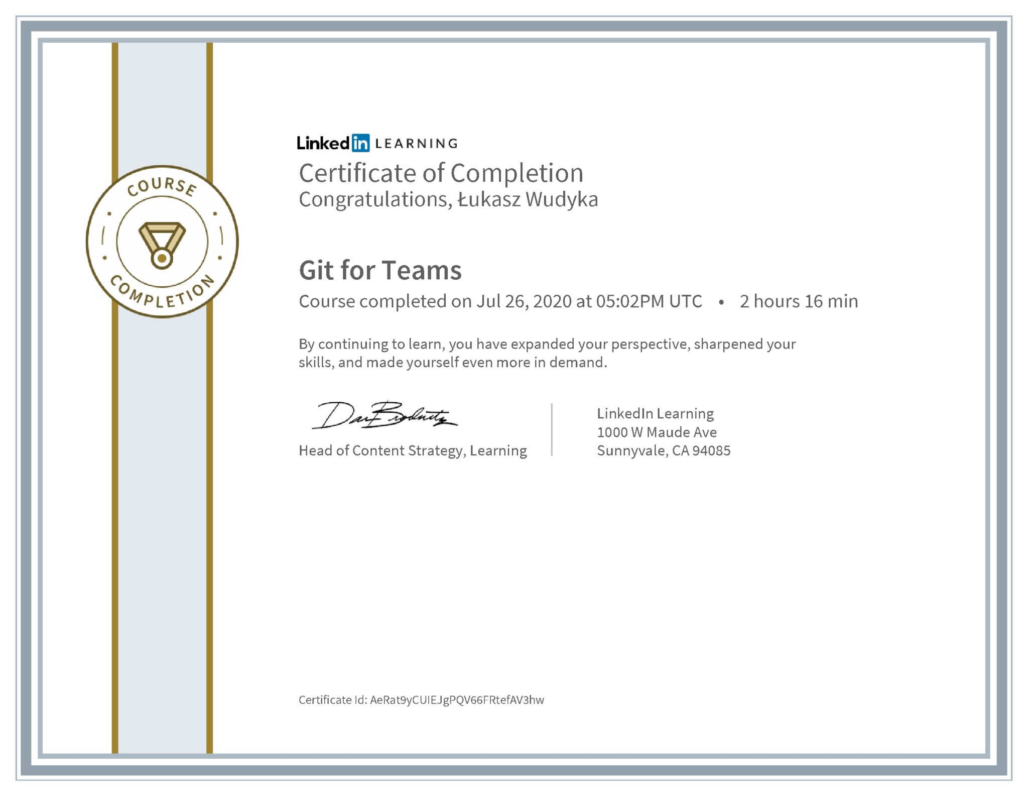 Łukasz Wudyka certyfikat LinkedIn Git for Teams