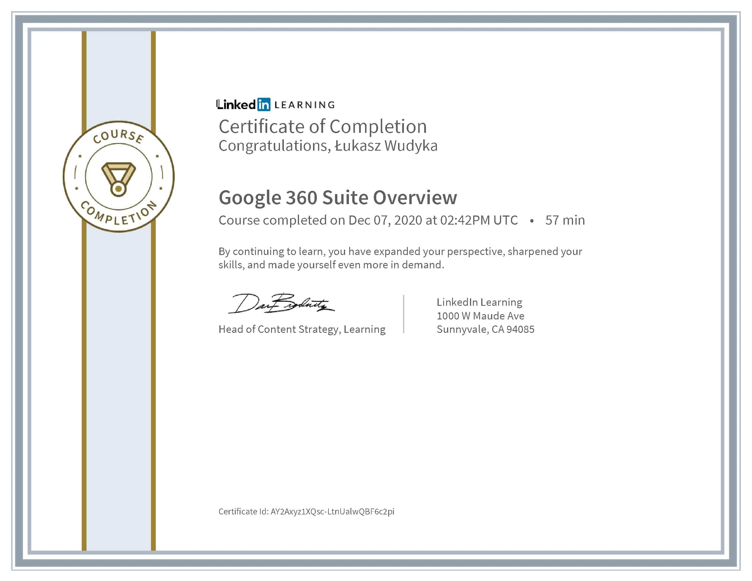Łukasz Wudyka certyfikat LinkedIn Google 360 Suite Overview