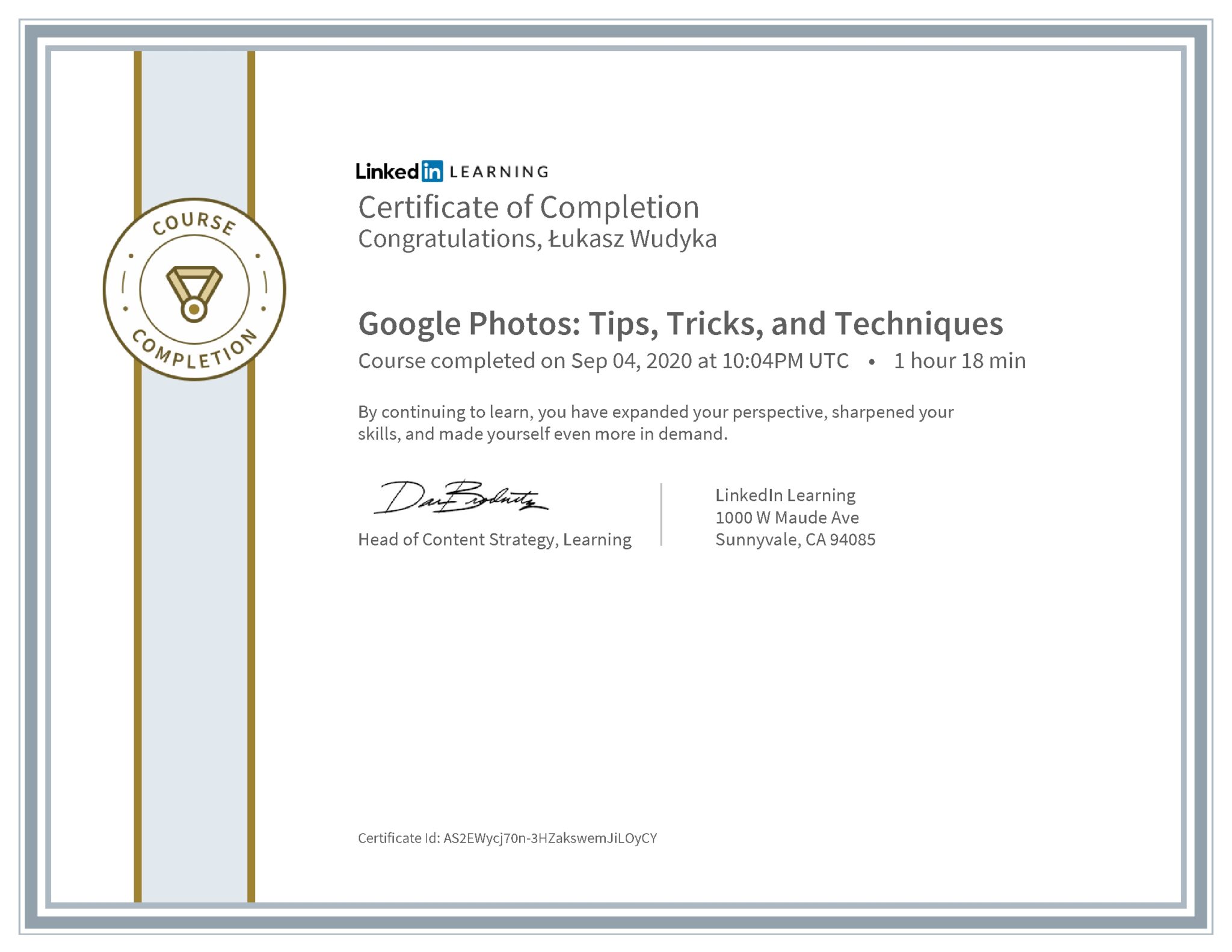 Łukasz Wudyka certyfikat LinkedIn Google Photos; Tips, Tricks, and Techniques