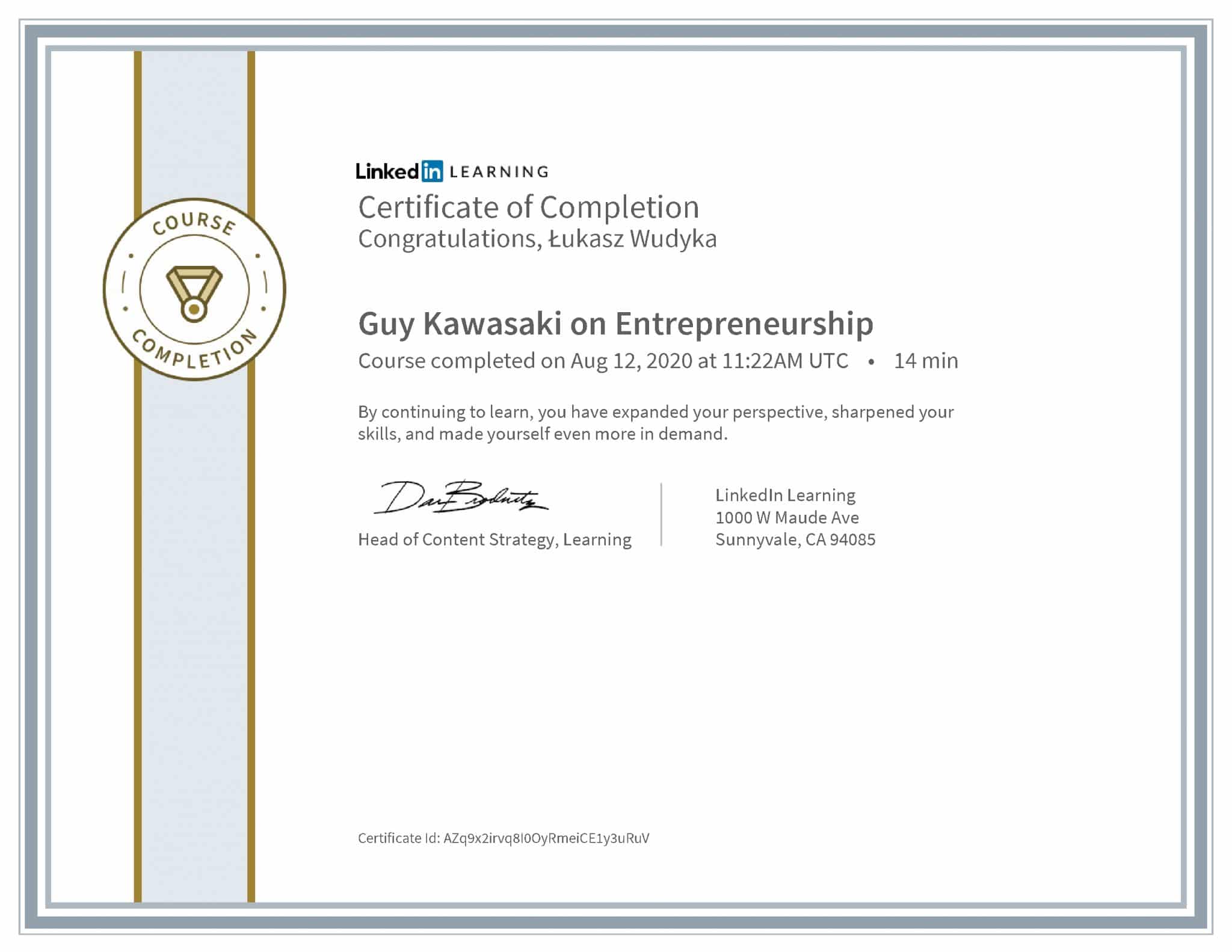 Łukasz Wudyka certyfikat LinkedIn Guy Kawasaki on Entrepreneurship