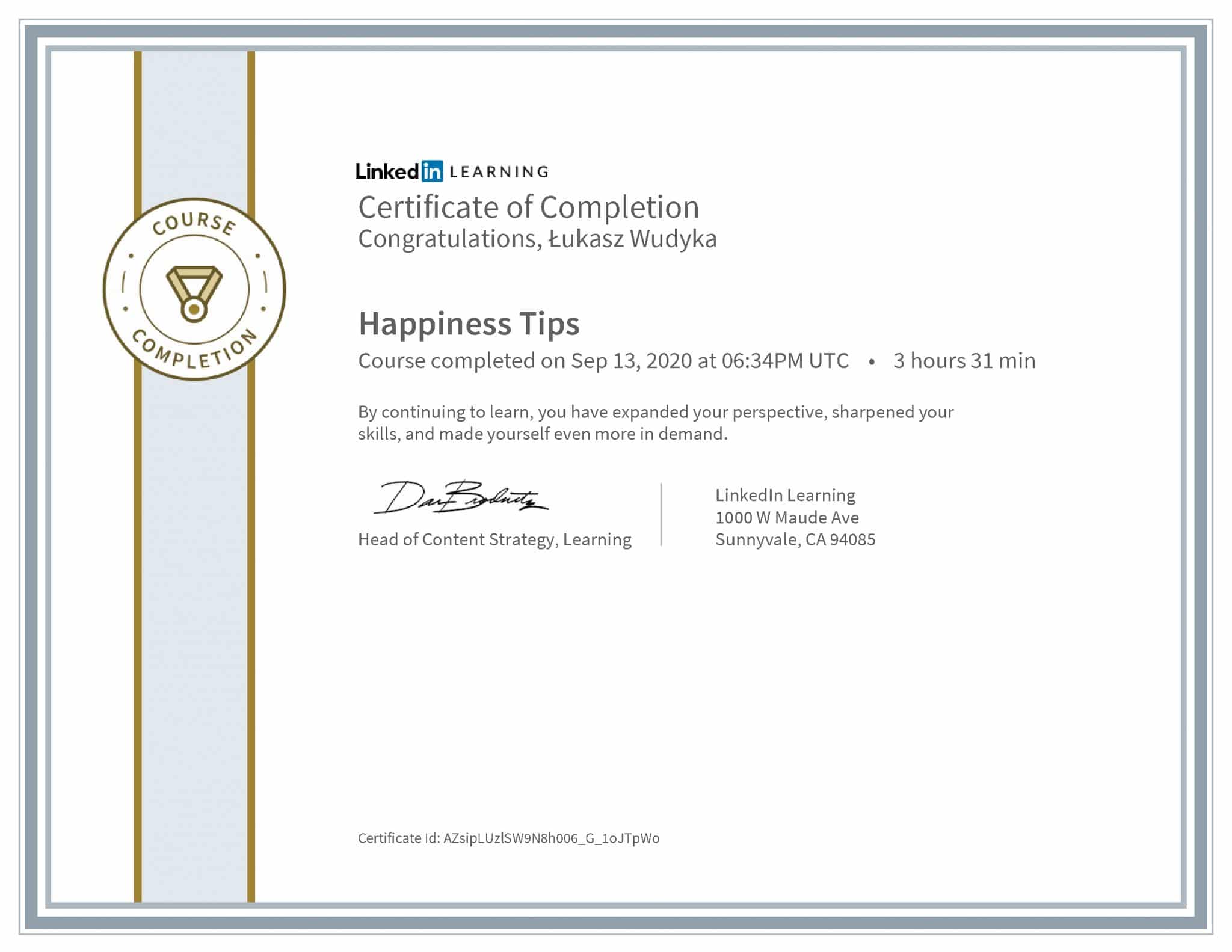 Łukasz Wudyka certyfikat LinkedIn Happines Tips