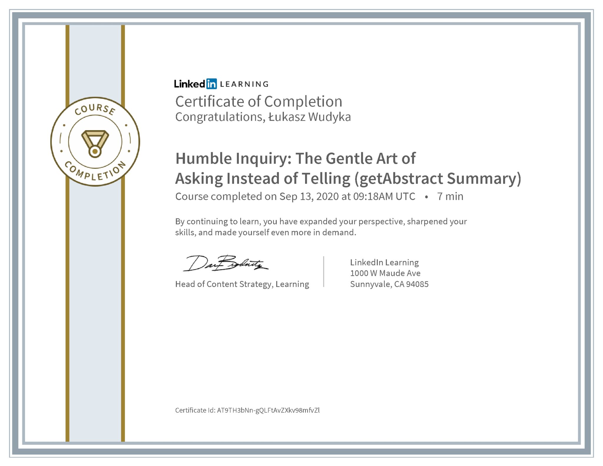 Łukasz Wudyka certyfikat LinkedIn Humble Inquiry: The Gentle Art of Asking Instead of Telling (getAbstract Summary)