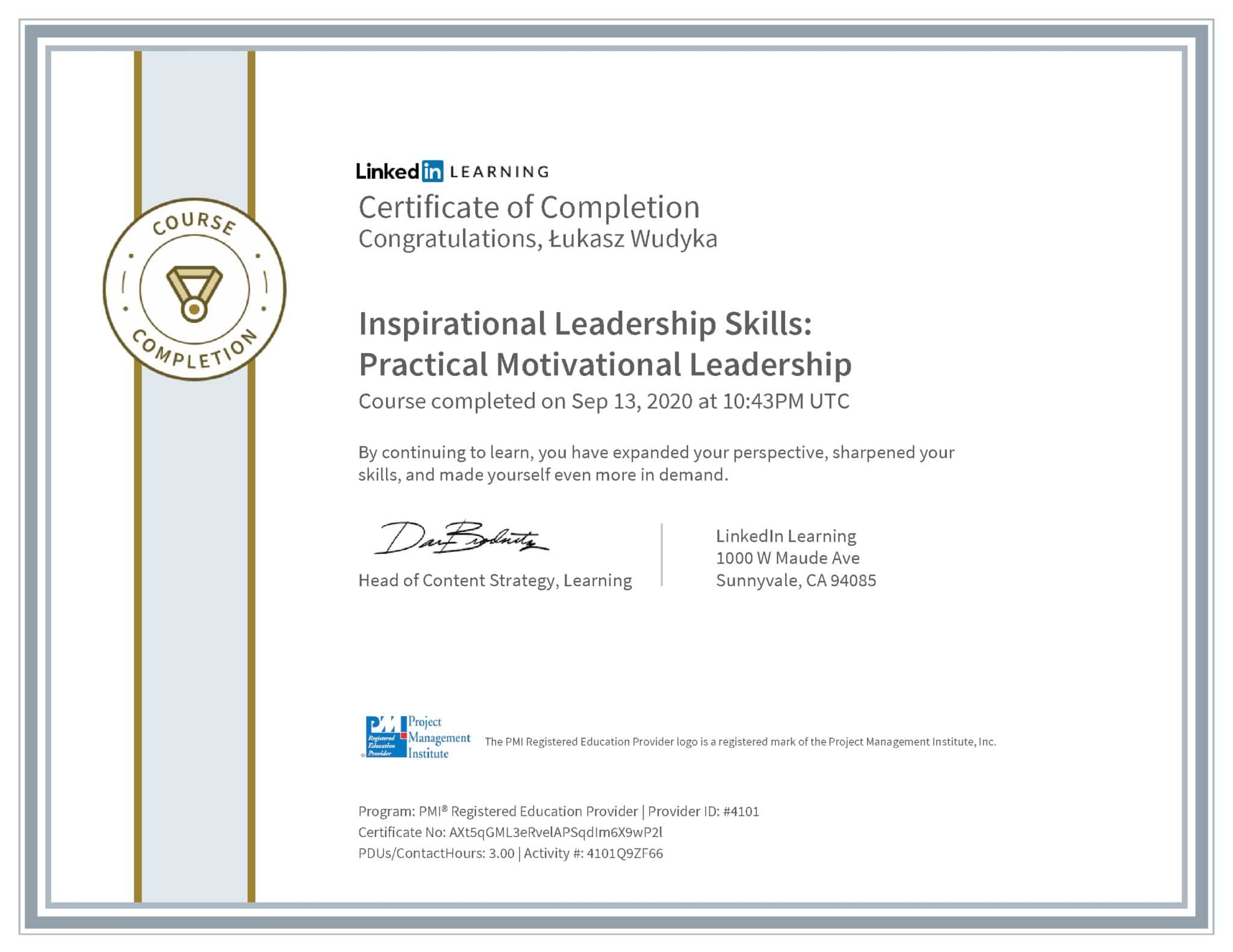 Łukasz Wudyka certyfikat LinkedIn Inspirational Leadership Skills: Practical Motivational Leadership PMI